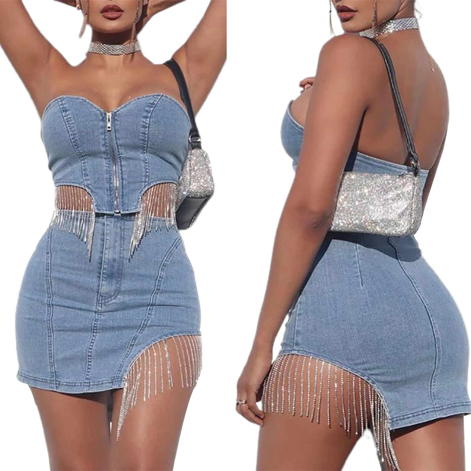 lace bathing suit cover up hirigin 2 Pieces Suit Set Female Tassel Trim Sleeveless Strapless Tops with Zipper Denim Skirt for Club Night 2021 New Fashion swim skirt cover up no brief