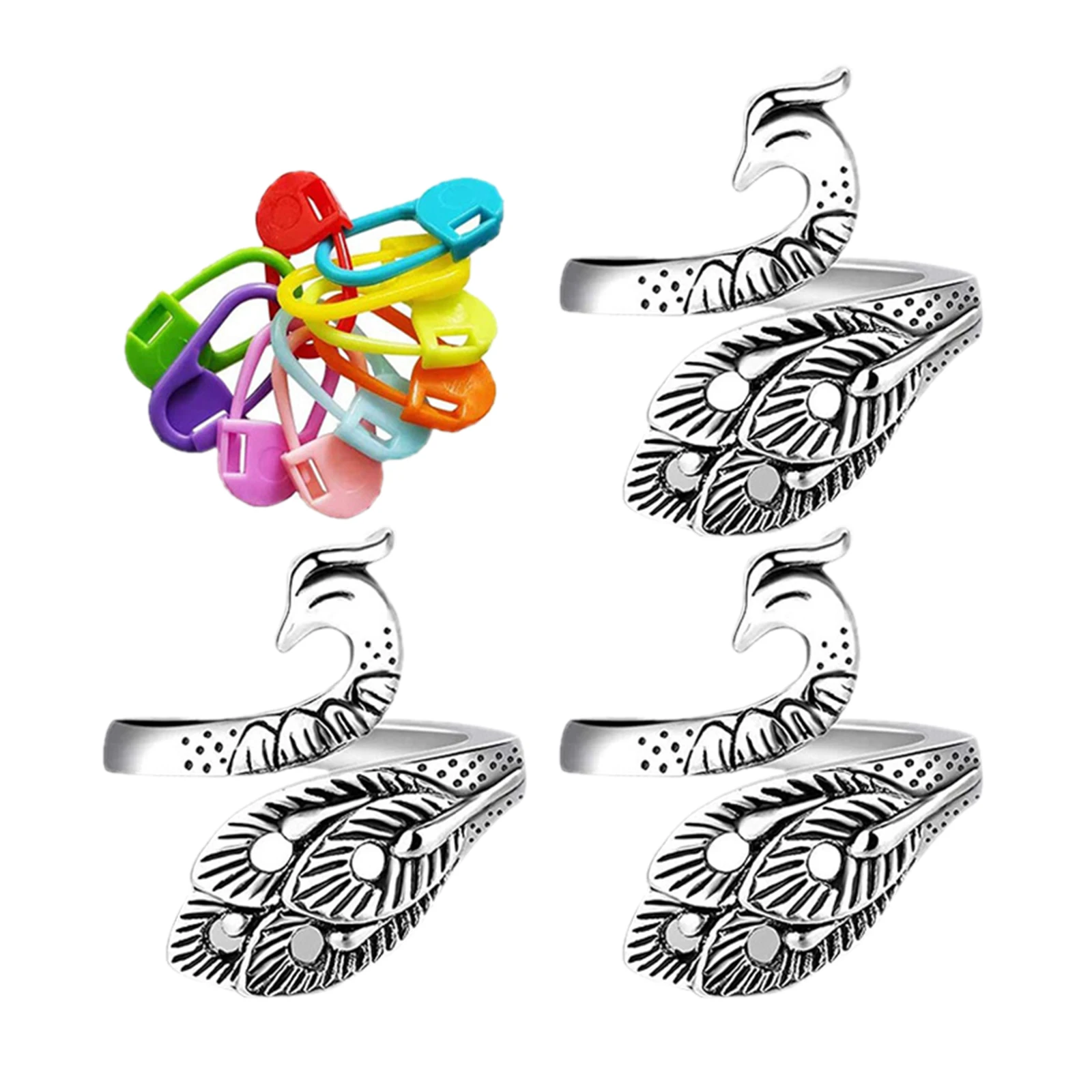 3Pieces Crochet Ring Kit w/ 50 Stitch Marker Peacock Open Finger Ring Knitting Accessories