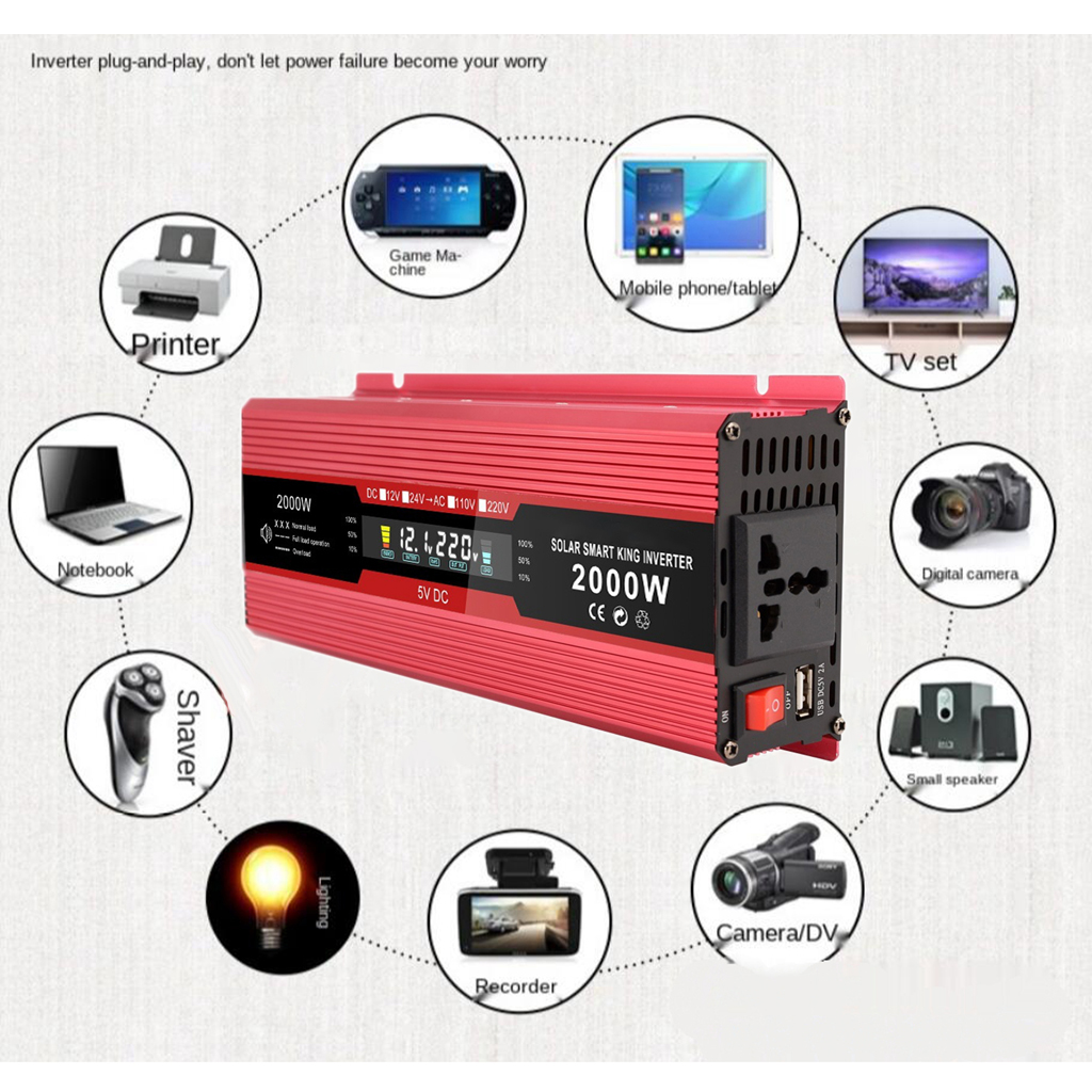 1200W 2000W Power Inverter Pure Sine Wave DC 12 V to 220 V AC LCD for Car RV