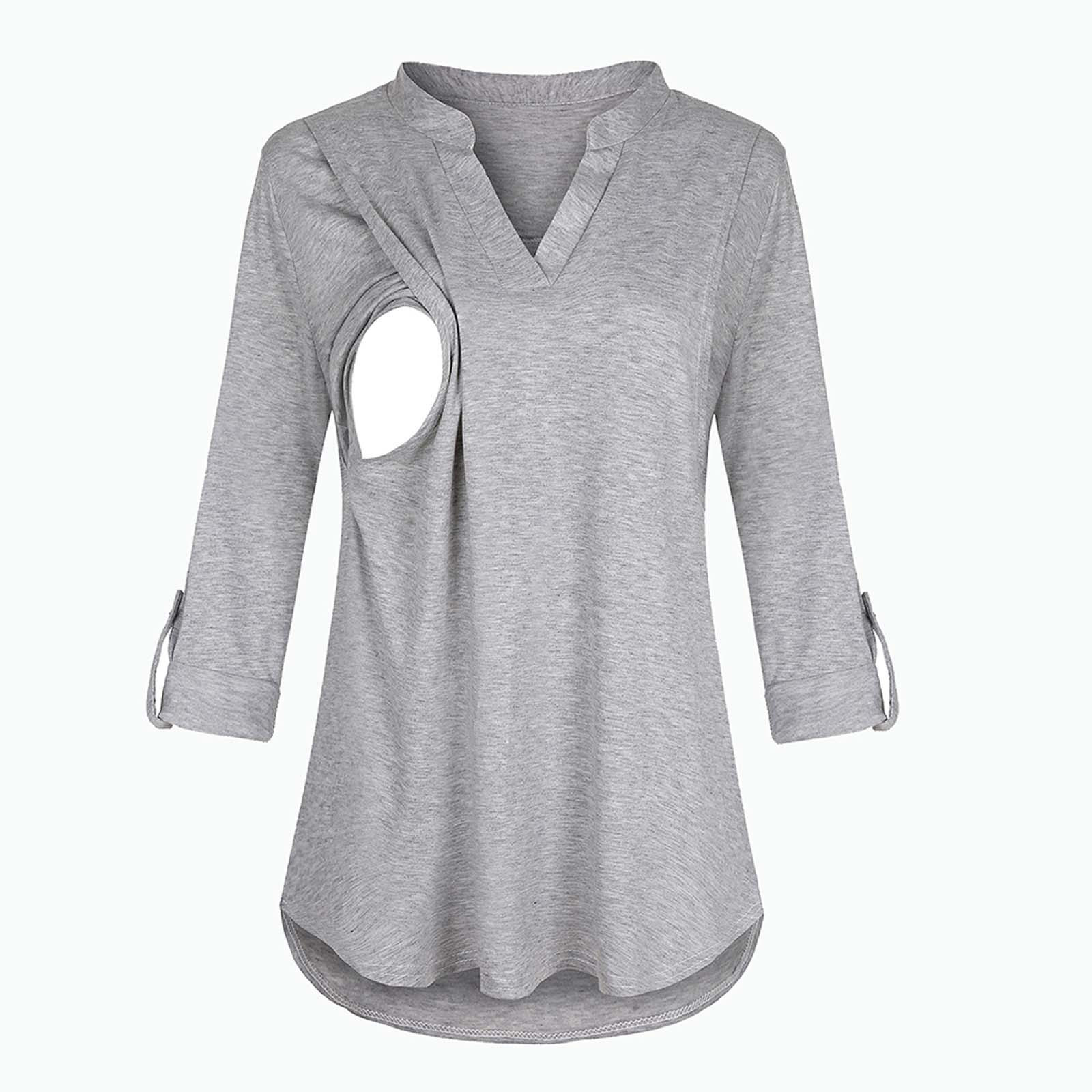 Camisa de Maternidade Roupa de Cor Sólida com Mangas Camiseta para Mulher Nova Compridas Grávida Roupa Amamentadora 24 Blusas & Camisas
