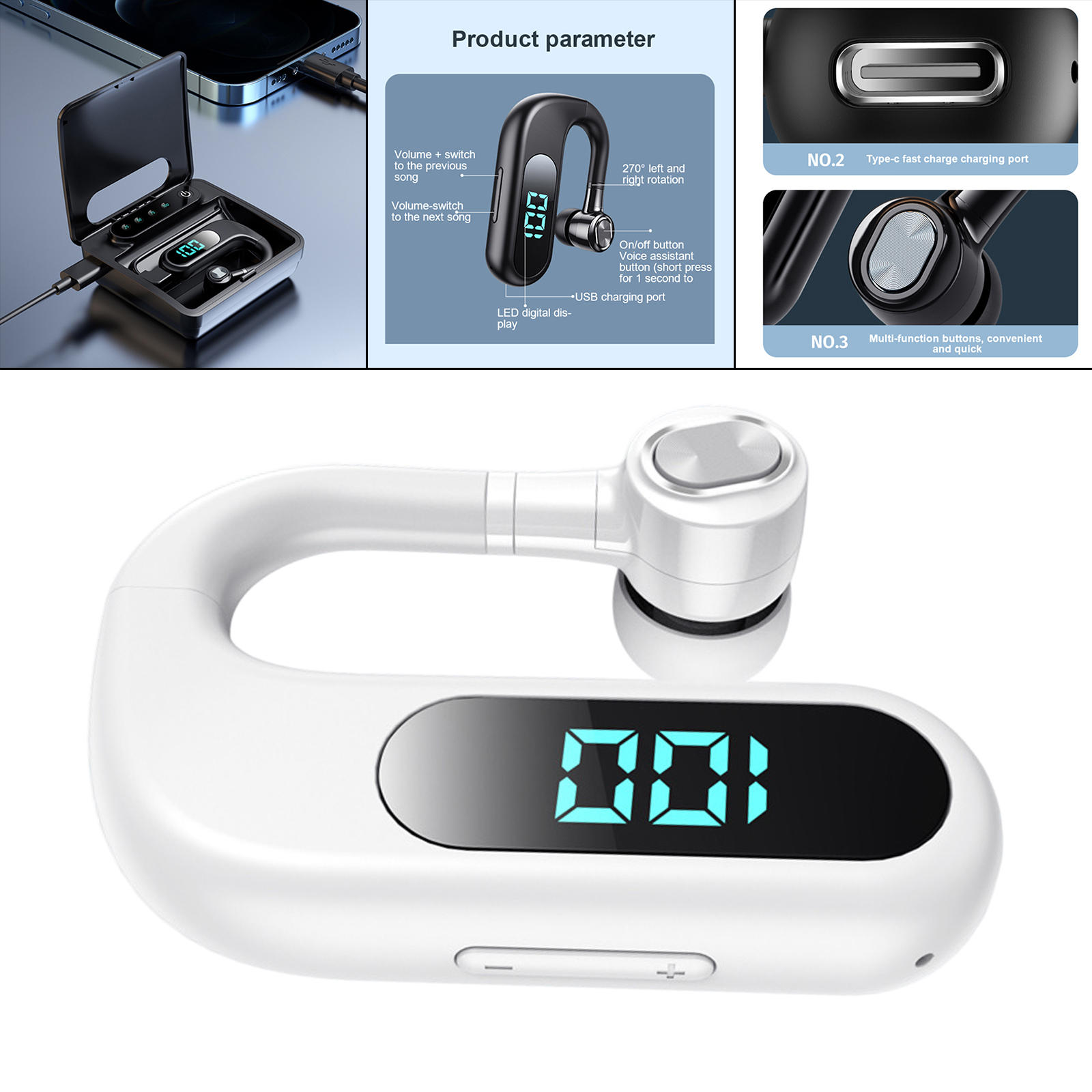 Bluetooth 5.2 Earphone Headphone Unilateral NFC Multipoint Connections Stereo Surround Waterproof Handsfree with Ear Caps Earbud