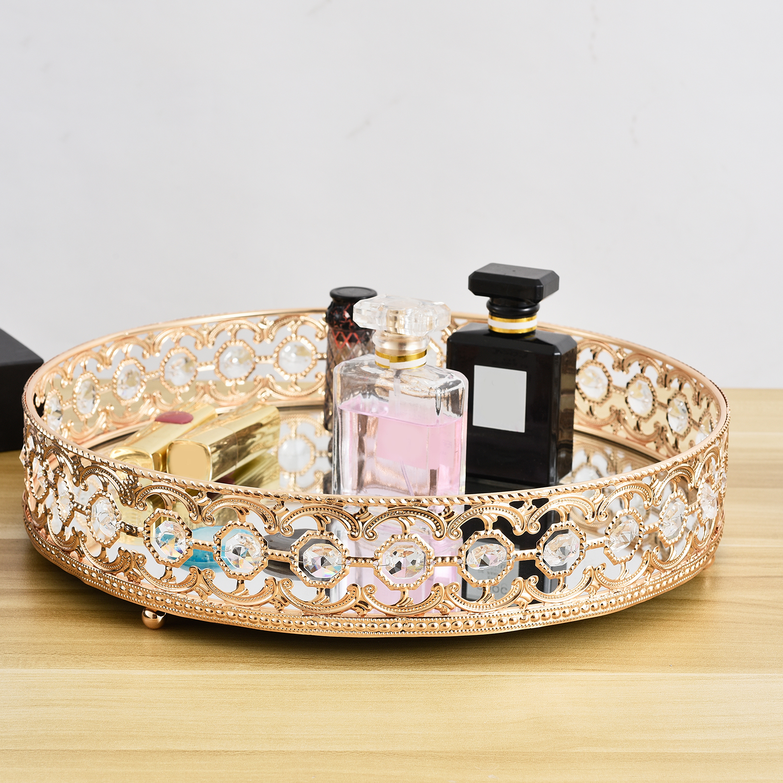 Crystal Cosmetic Mirrored Makeup Tray Perfume Trinket Cake Display Dresser Home Decor