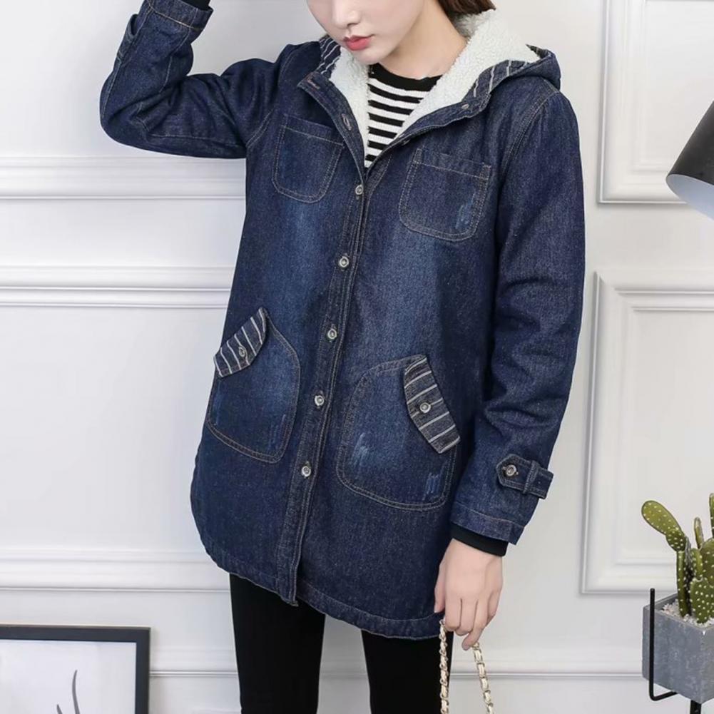 casaco denim atraente sólido manga longa velo feminino casaco com capuz para inverno