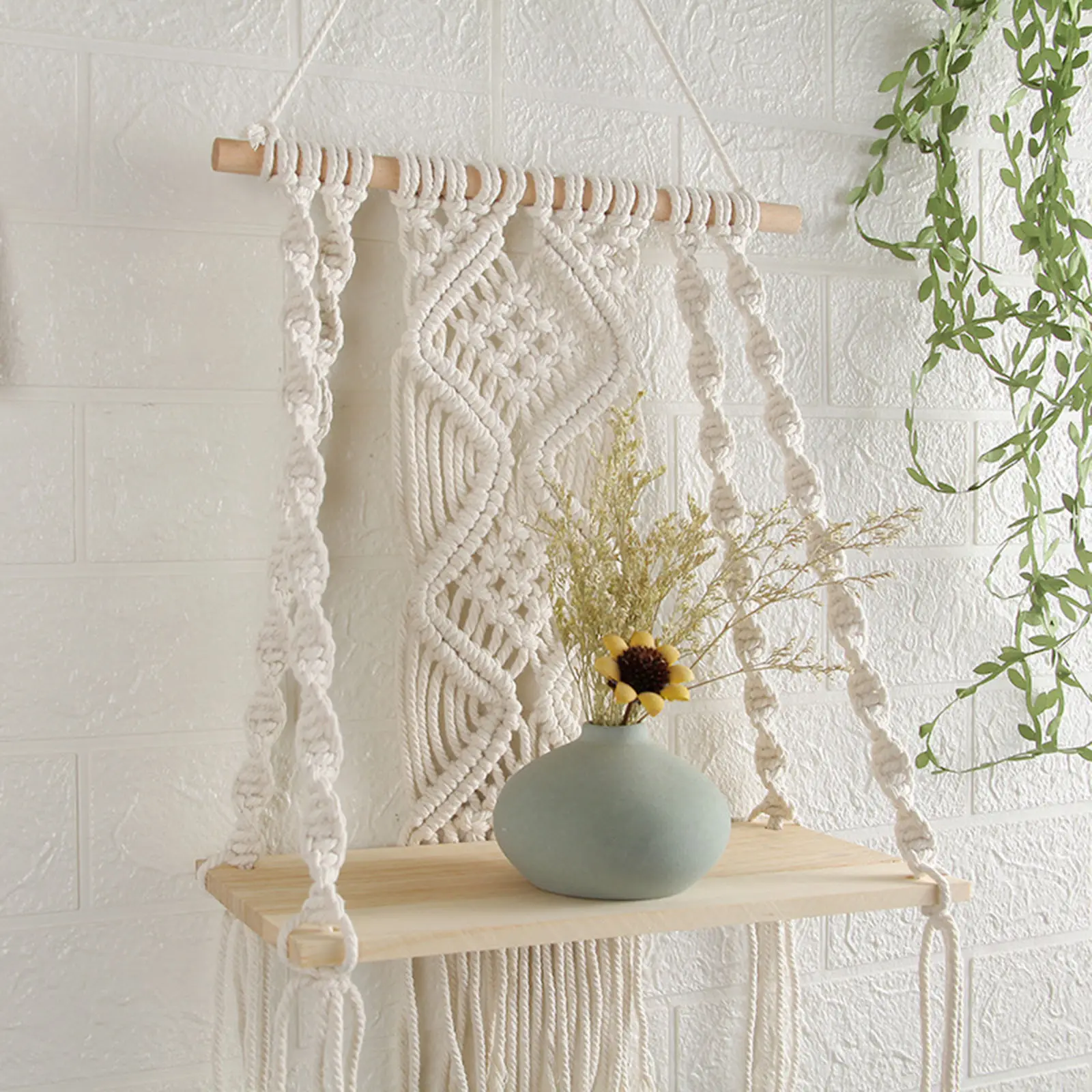 50x30cm Tapestry Wall Shelf Woven Macrame Flower Rack Wood Shelf Home Decor