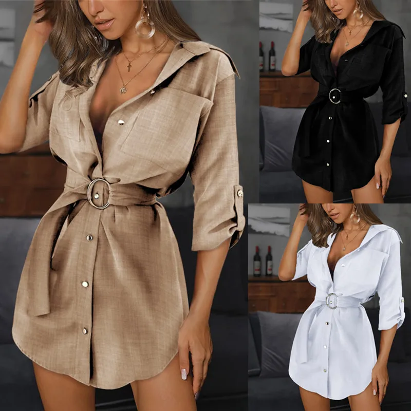 Coat - Women Summer Cotton Linen Lapel Neck Buttoned Belted Side Irregular Mini Dress Office Lady Career Style Dresses Plus Size 2021