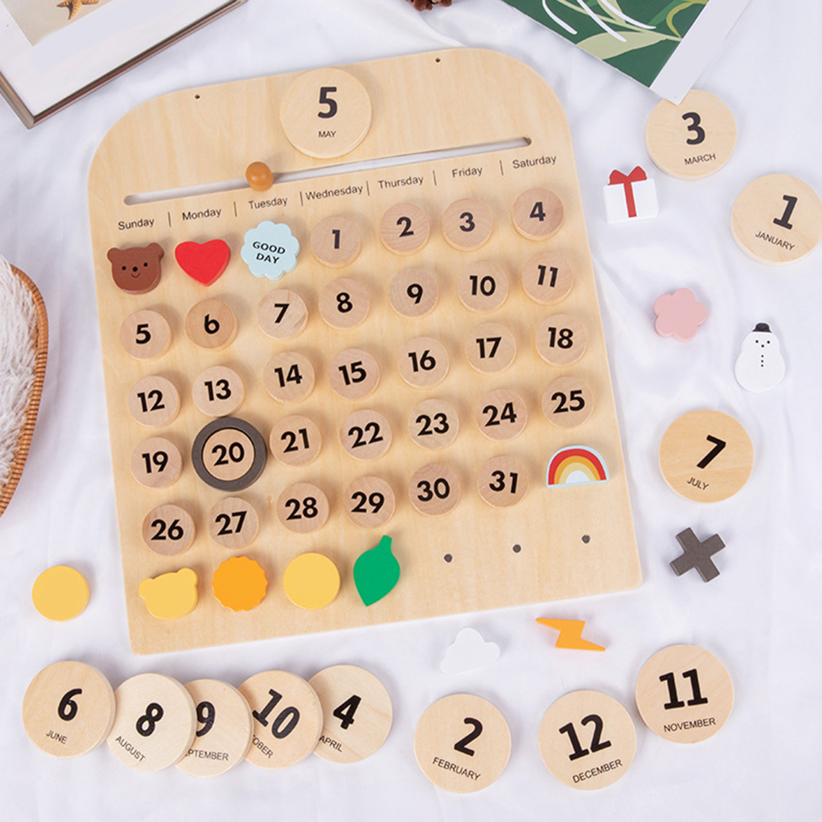 Solid Wood Desk Wall Calendar Date Days Weather Montessori Calendar Family Time for Kids Preschool Educational