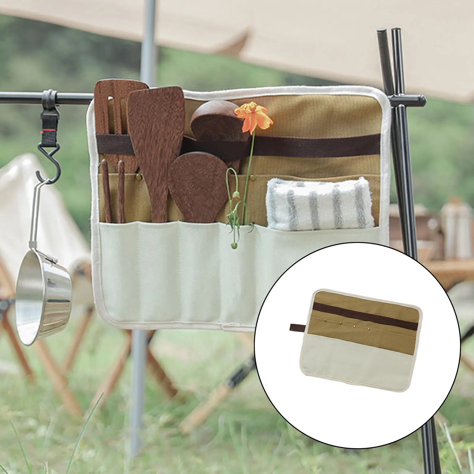 Tableware Storage Bag Flatware Cooking Utensils Canvas Portable Folding Carry Case Organizer for Outdoor Travel Picnic Camping