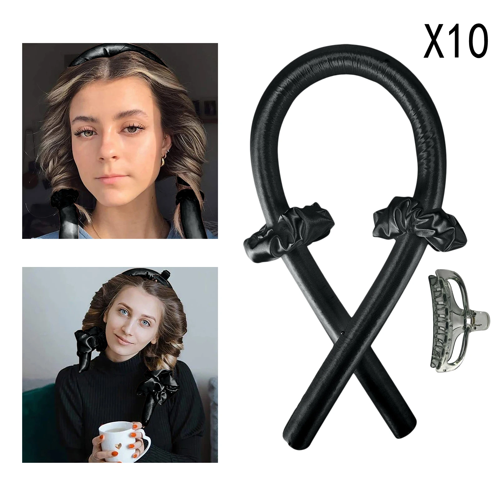 10Pcs Sleeping Heatless Curling Rod Headband Silk Curler Set DIY Black No Heat Roller Silk Hair Rollers