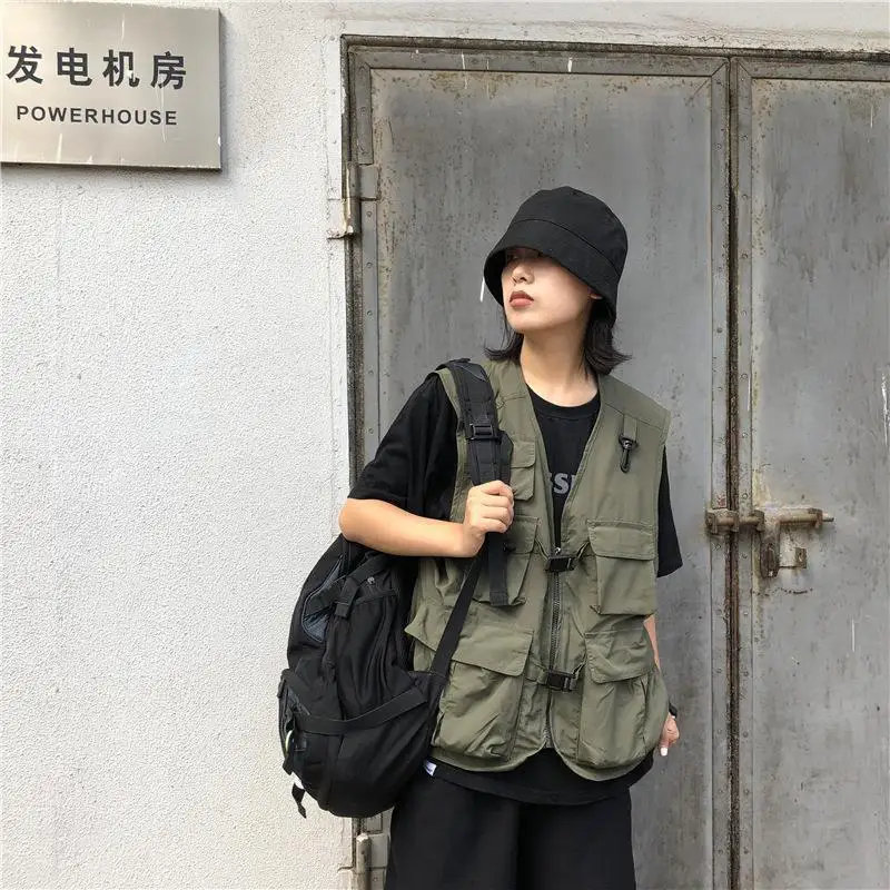 colete feminino gótico punk moda sem mangas harajuku casais de verão com bolsos zíper casual estilo preppy popular ins