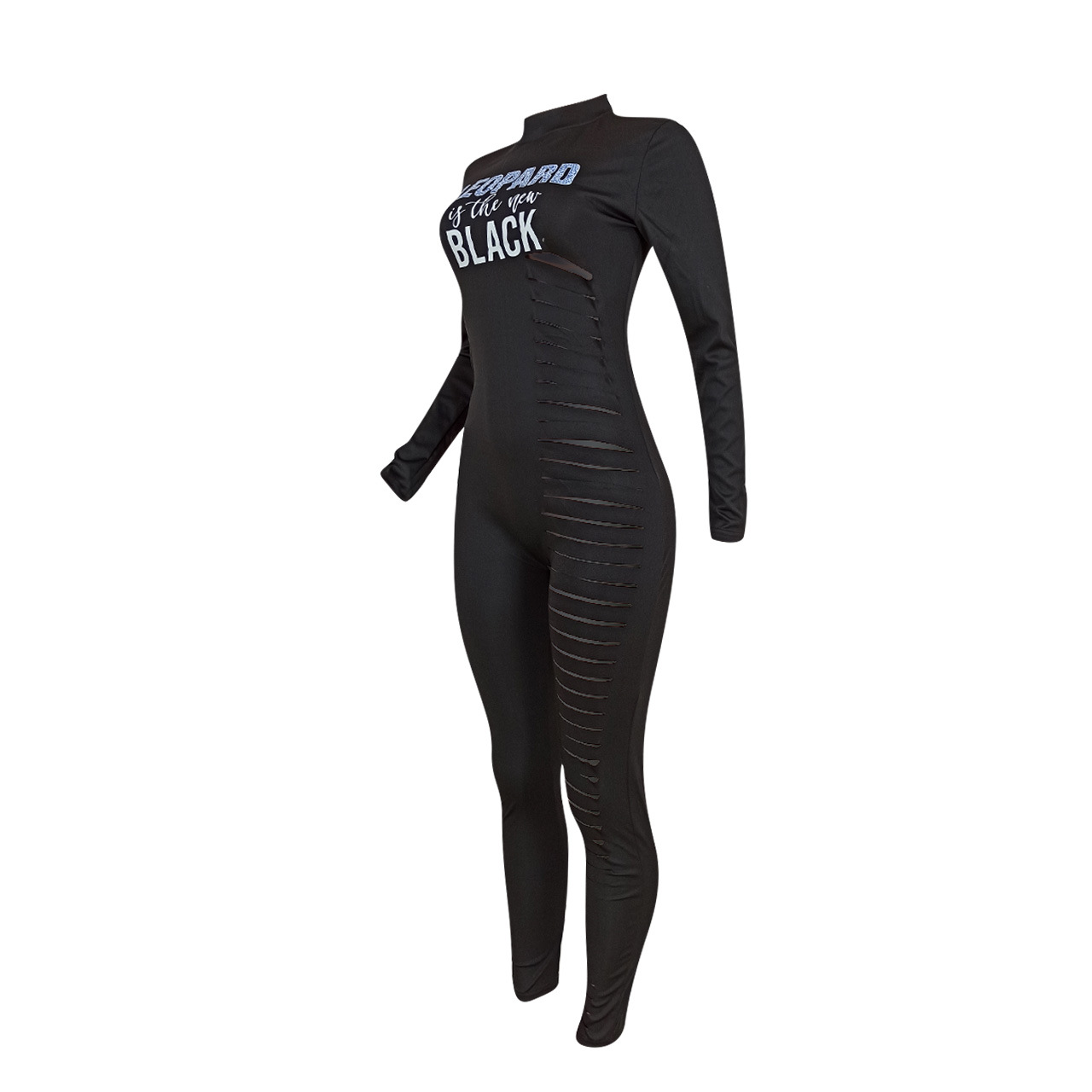 Carta com Nervuras Oco para Fora Impresso Longo Macacão Feminino Sexy Manga Longa Bodysuit um Pedaço Clube Outfit Preto 2021 5 Moda Feminina