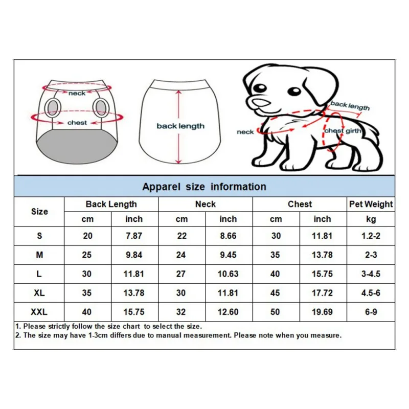 Una tabla para seleccionar la talla adecuada de ropa para mascotas para un perro. Incluye medidas de largo de espalda, cuello, pecho y peso de la mascota, con tallas correspondientes que van desde la S a la XXL.