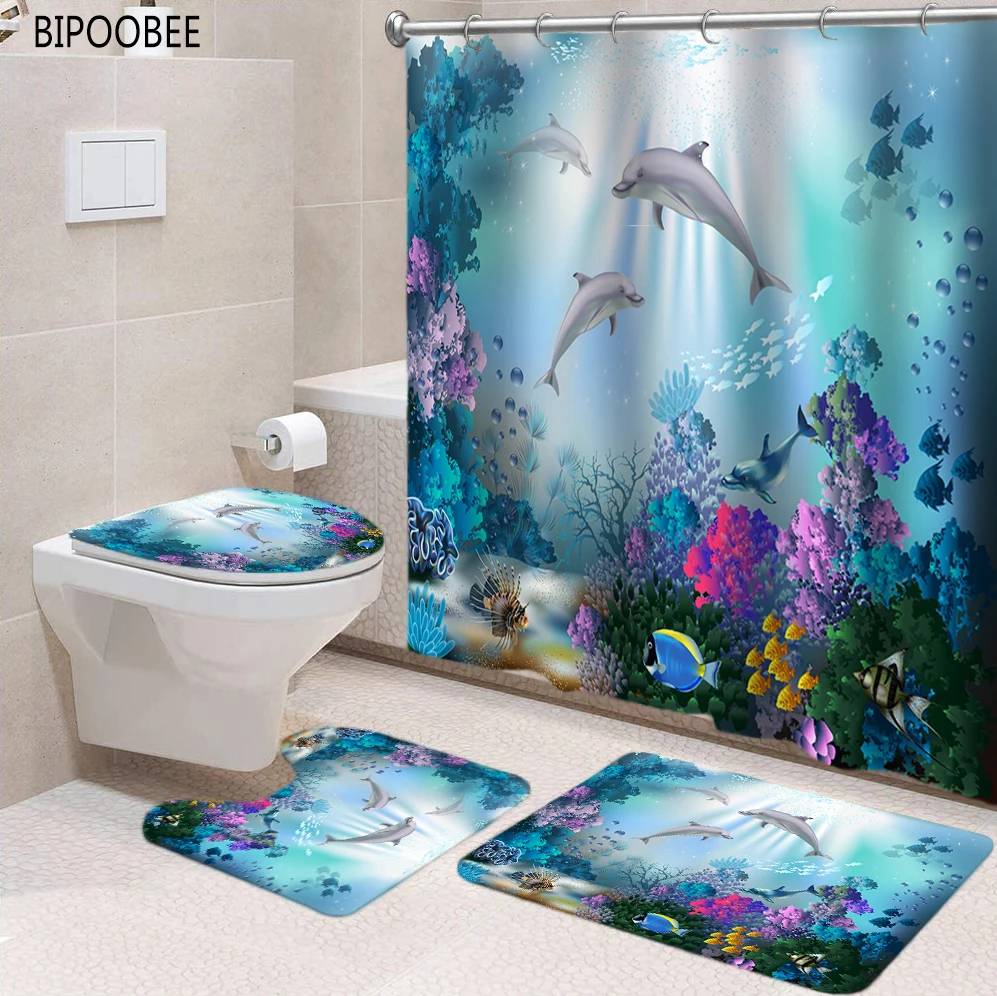 US 3Pcs Seabed dolphin Non-Slip Bathroom Toilet Seat Cover Pedestal Rug Bath Mat 