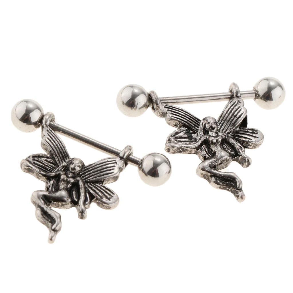 phenovo 1 Pair Lucky Charms Angel Fairy Design 16g Nipple Ring Bar Shields Body Jewelry Piercing