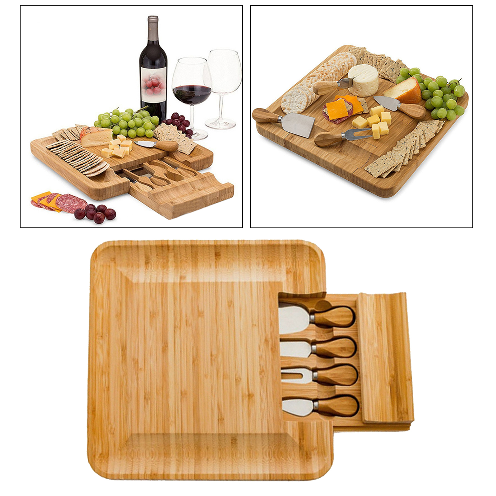 Square Bamboo Cheese Board  Platter & Knife Set Slide-Out Drawer