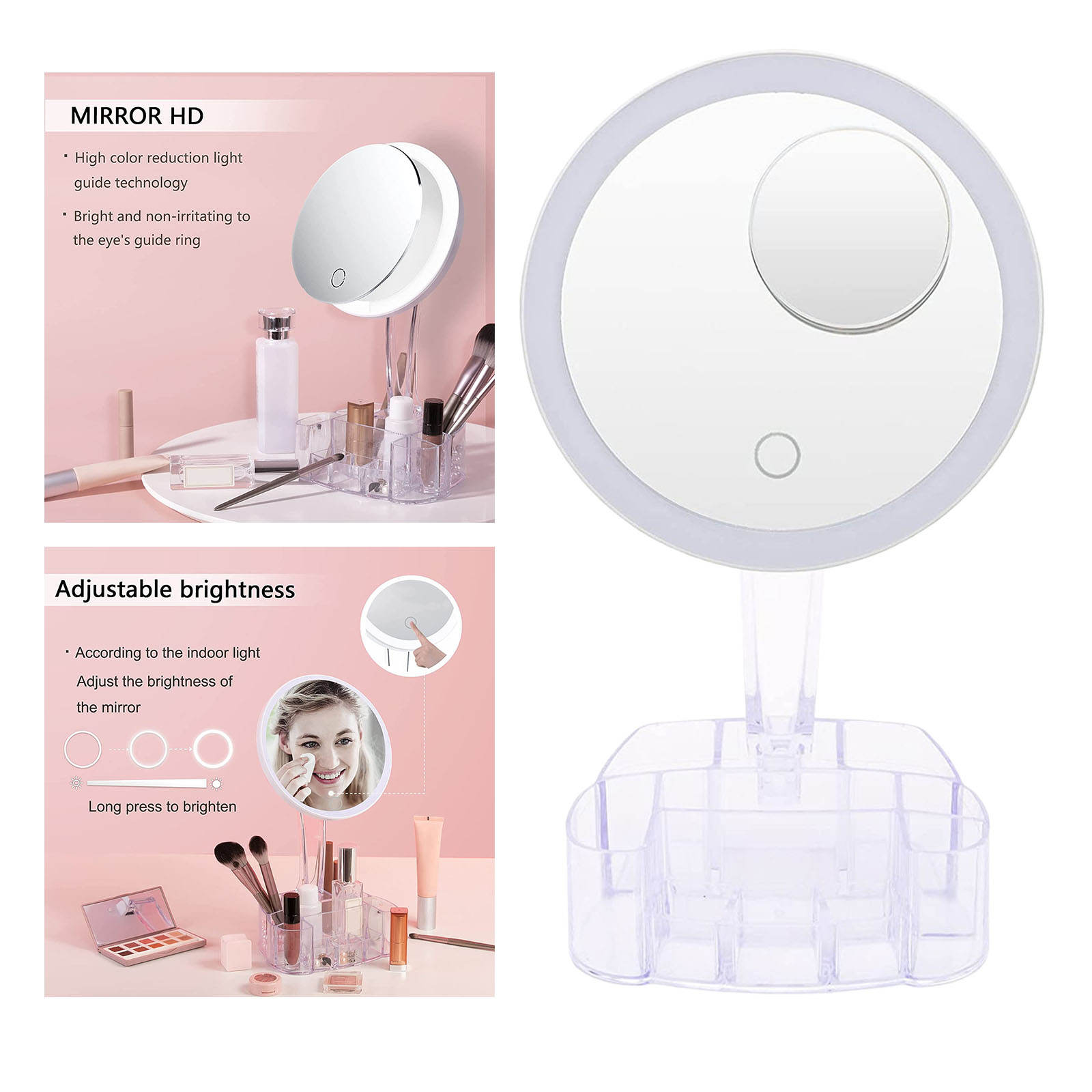 Makeup Mirrors w/ Storage Box Dimming Vanity w/ Detachable 10X Magnification Touch Screen Powered by Battery
