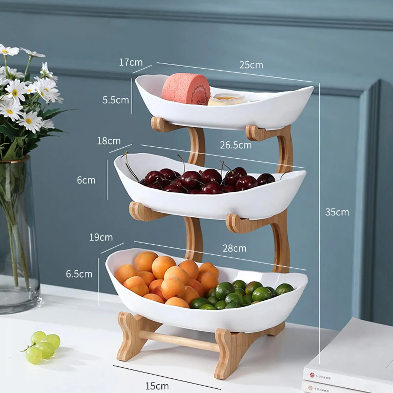Fruit Plate Tray w/Wood Holder Serving Bowls Dessert Shelves Display Stand