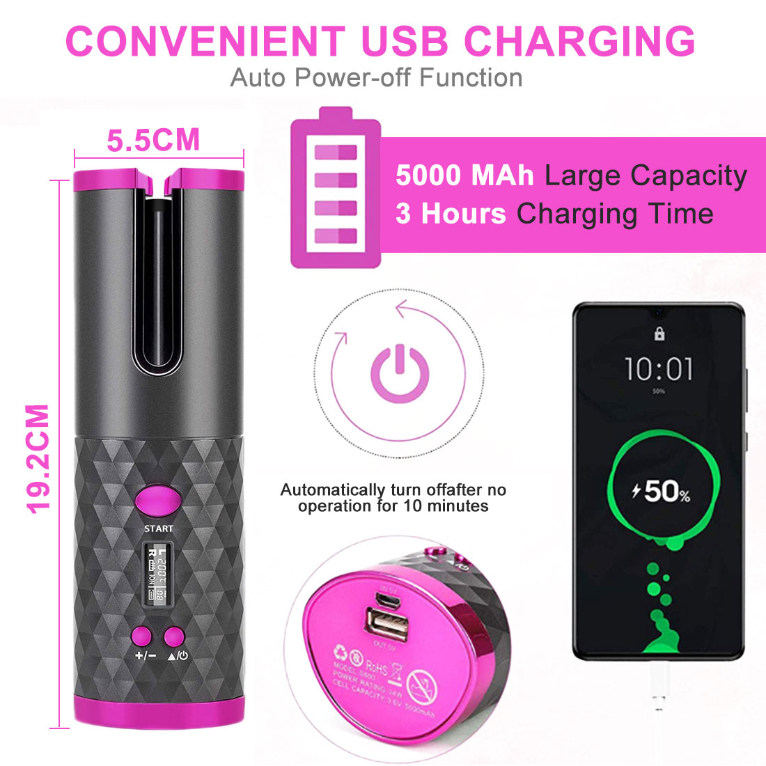 Automático sem Fio Modelador de Cabelo Lcd com 1 Pente + 2pc Cabelo Curling Ferro Portátil Recarregável Onda Styer Display Clipes Usb 12 Cabelo automático sem fio curling ferro modelador