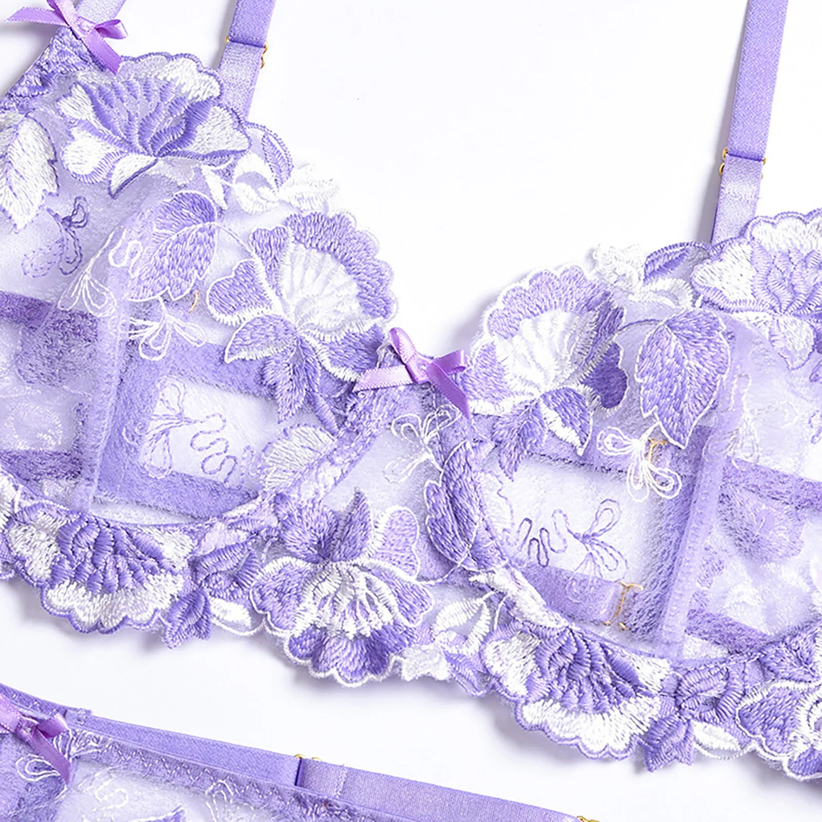 Fashion Women's Sexy Flower Embroidery Lace See-through Bra G-String Underwear Garter Three-Piece Lingerie Set Sleepwear#p3 panty sets