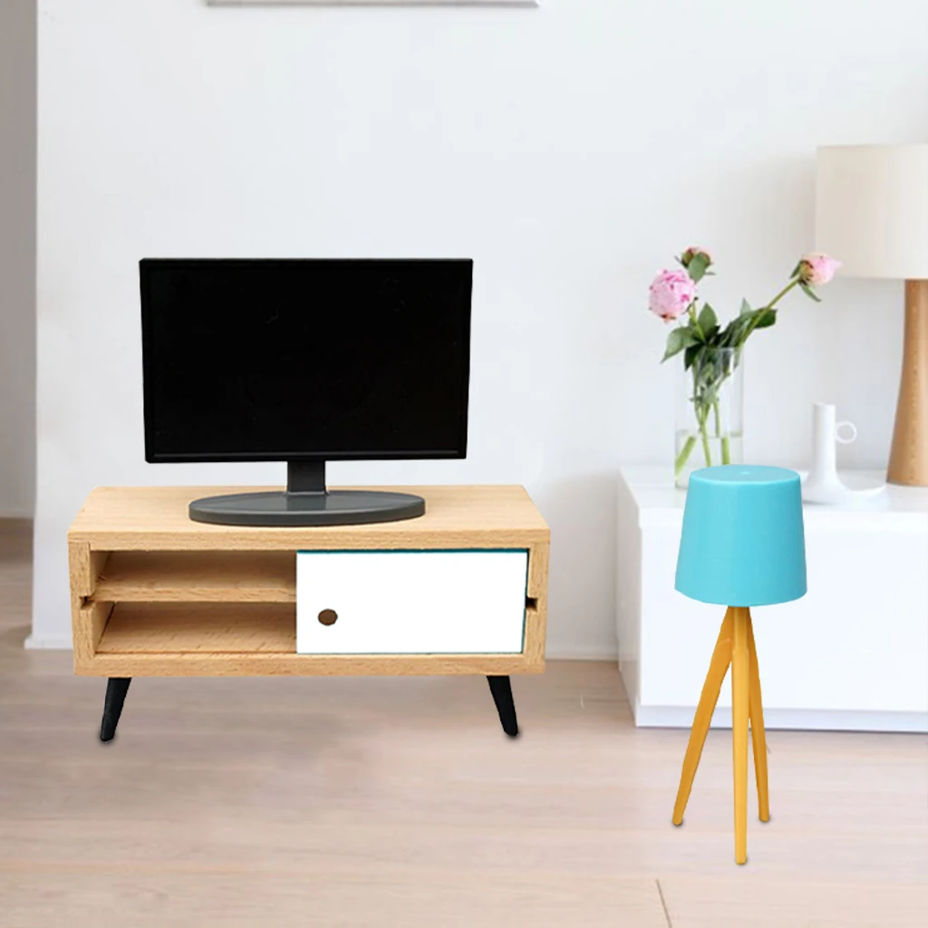 Modern Wooden Doll House Hi-Fi TV Cabinet Set 1/6 1/12 Playset Living Room