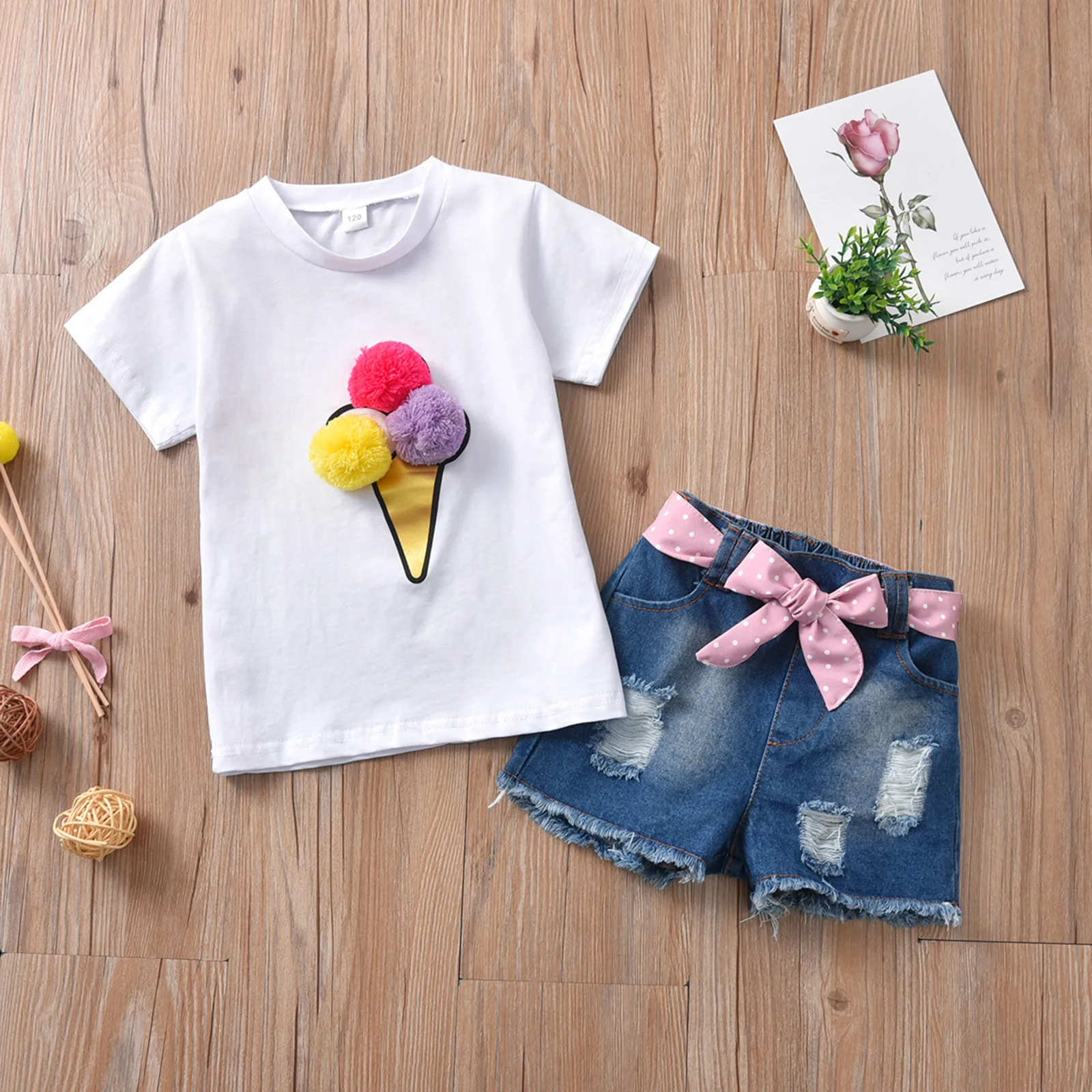 Cute Toddler Baby Girl Plushie Ice Cream T-shirt and Denim Shorts
