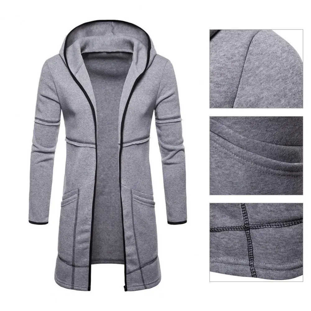 Hooded Long Sleeve Male Jacket Solid Color Autumn Winter Windproof Pockets Jacket Cardigan  Outerwear
