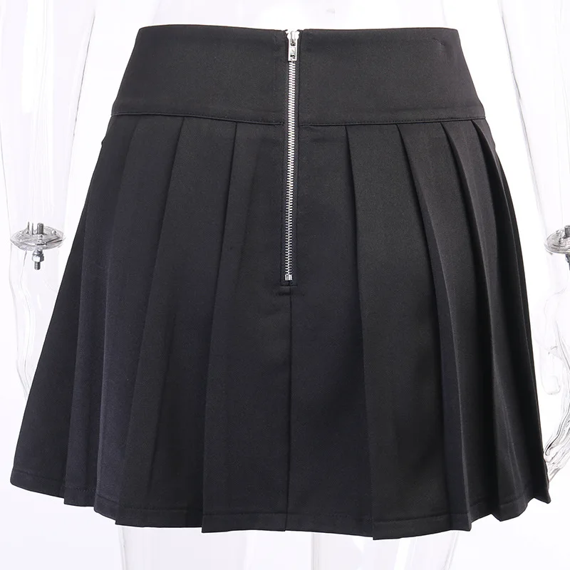 Grunge Patchwork With Belt Front High Waist Mini Skirt Gothic Black Pleated Skirts Sexy Women Fashion Punk Style Clothes