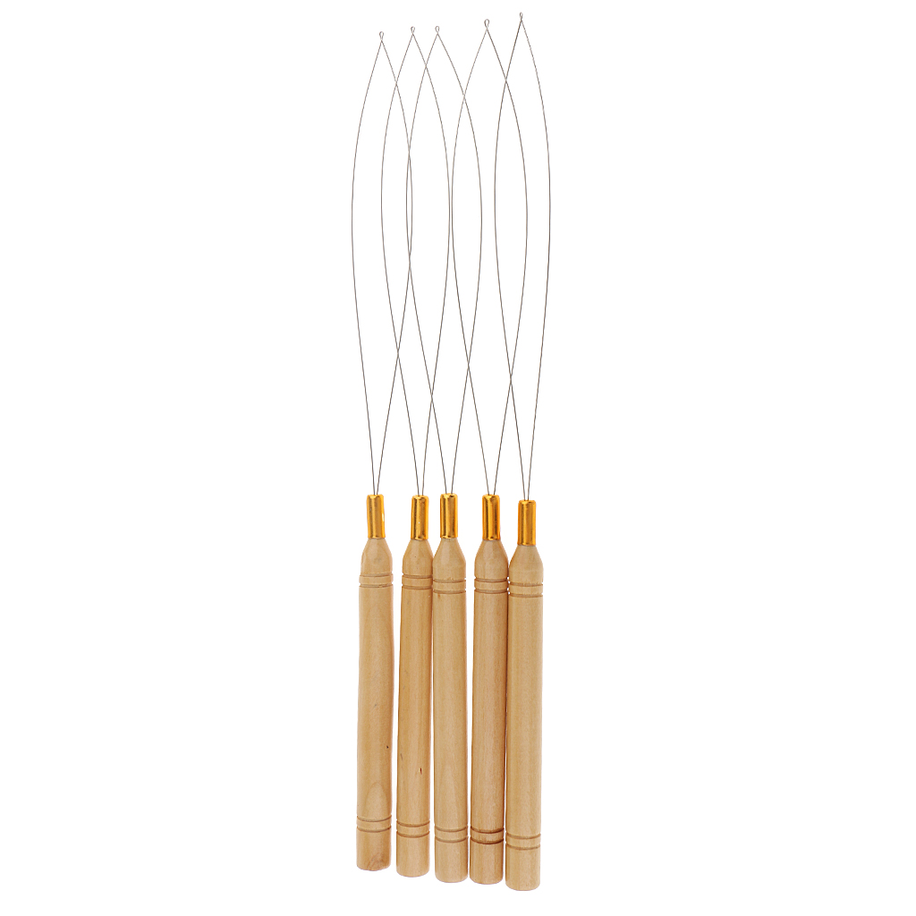 5Pcs Wood Handle Hair Extensions Loop  Threader Pulling Tool Kit Gold
