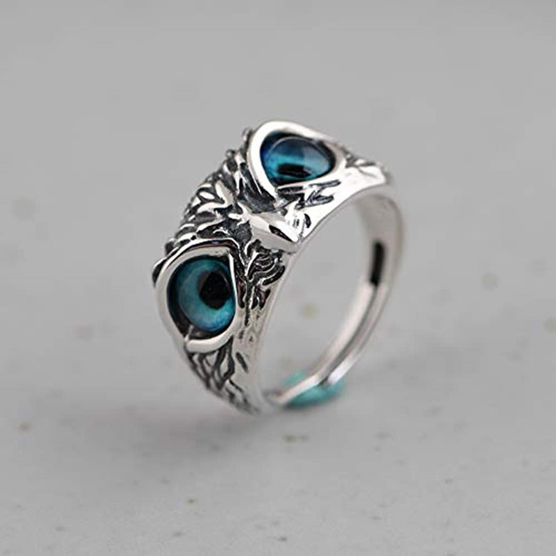 YADELAI Charming Fashion Owl Ring Vintage Man and Women Alloy Blue Eyes Owl Ring Versatile Argent  Adjustable Creativering Ring