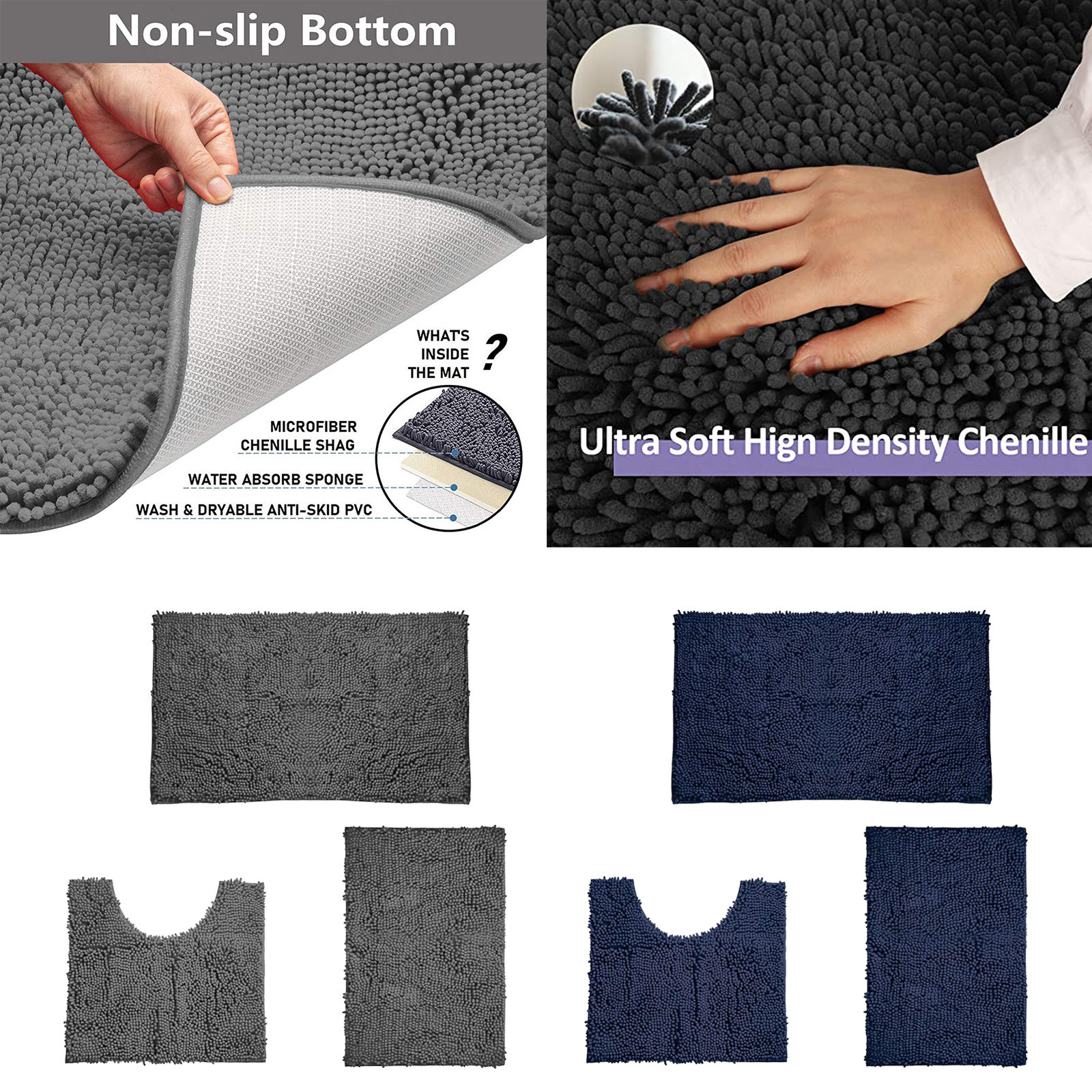 Bathroom Rugs and Mats Set of 3 Piece Bath Mats, Extra Soft and Absorbent Shaggy Rugs, Bathroom Rugs Set, Machine Washable