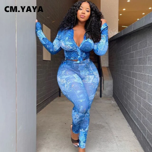 Cm. yaya feminino conjunto de impressão manga cheia plus size único topo  calças lápis dois 2 peça define roupa da senhora do escritório verão -  AliExpress