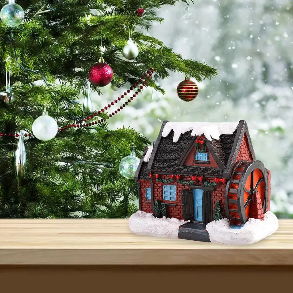 Resin Mini Christmas LED House Warm Light Miniature Village Dollhouse Farmhouse Set Xmas Desktop Garden Decoration Gift