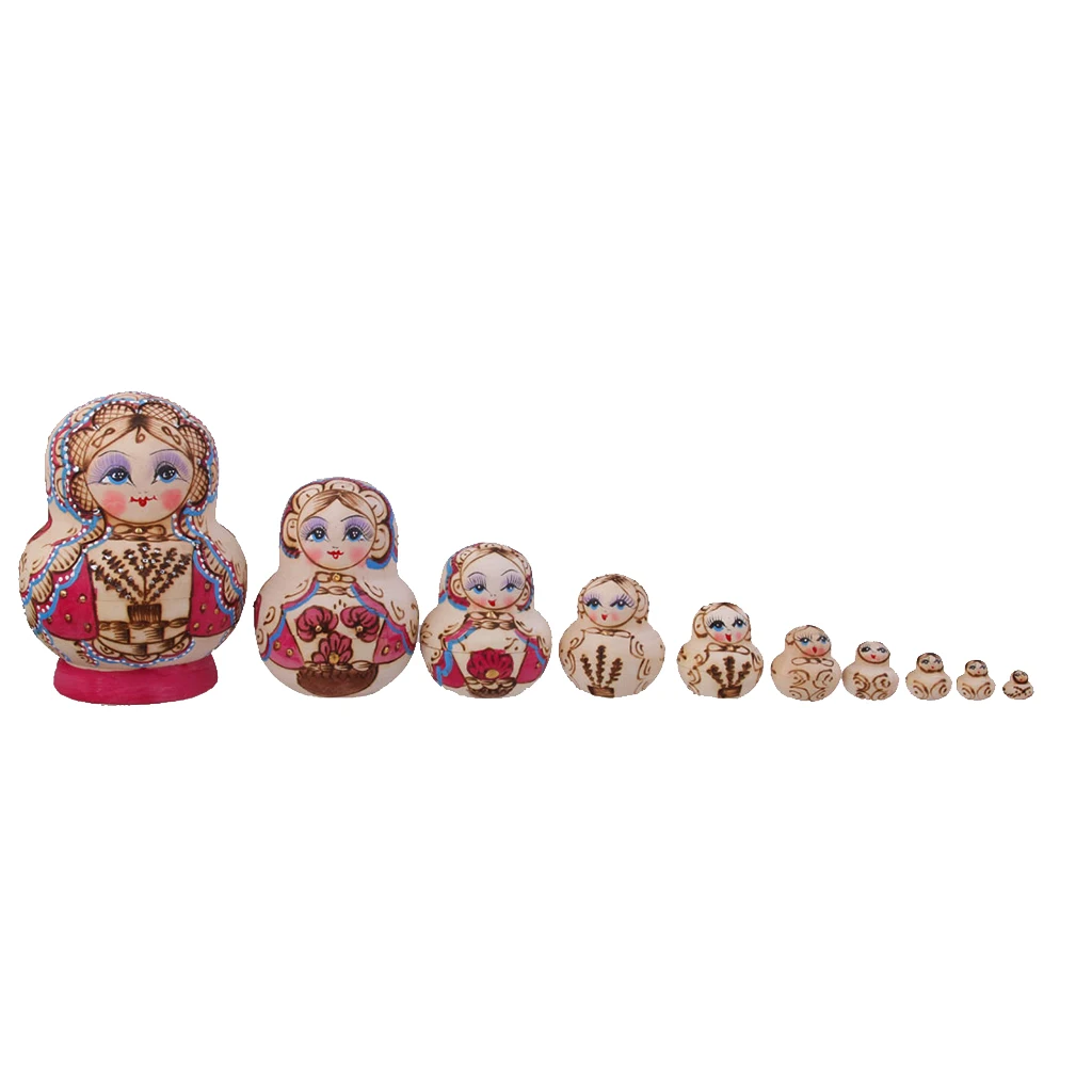 10pcs Set Russian Dolls Matryoshka Nesting Toy Painted Trees Wood