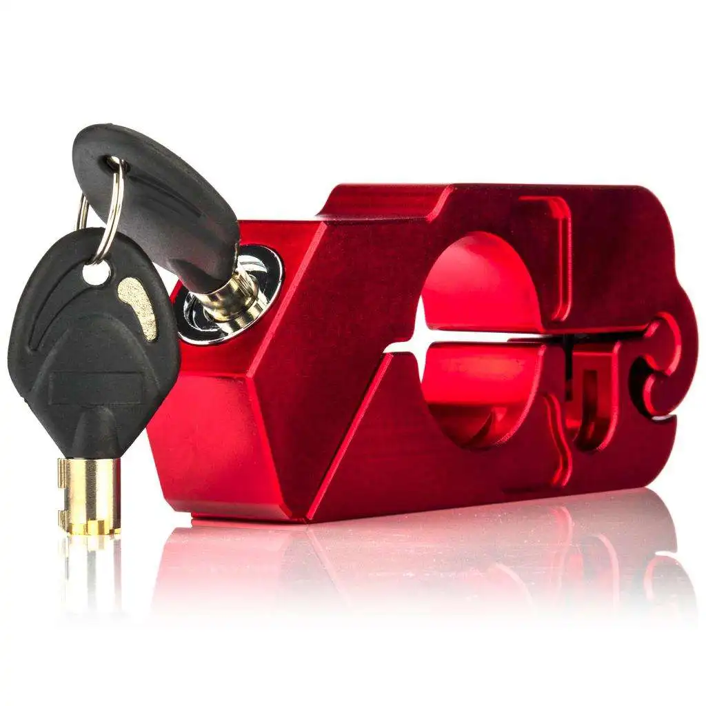 Red Universal CNC Aluminum Motorcycle Handlebar Lock Anti-Theft Security with 2 Keys for Motorcycle Bike ATV Scooter