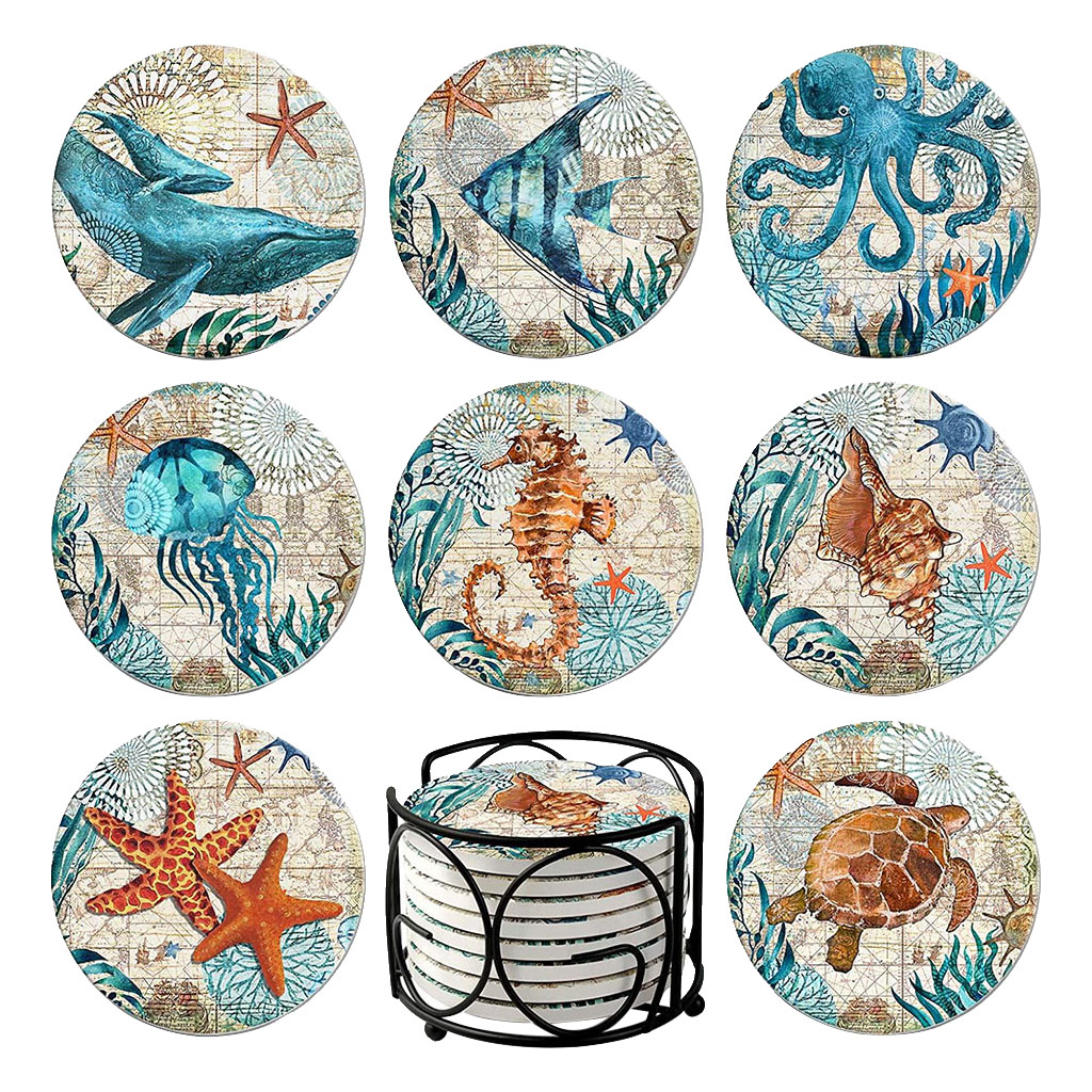 8PCS Sea Animal Pattern Heat-insulated Ceramic Coasters With Holder Tableware Mat Placemat Home Dining Room Housewarming Gift