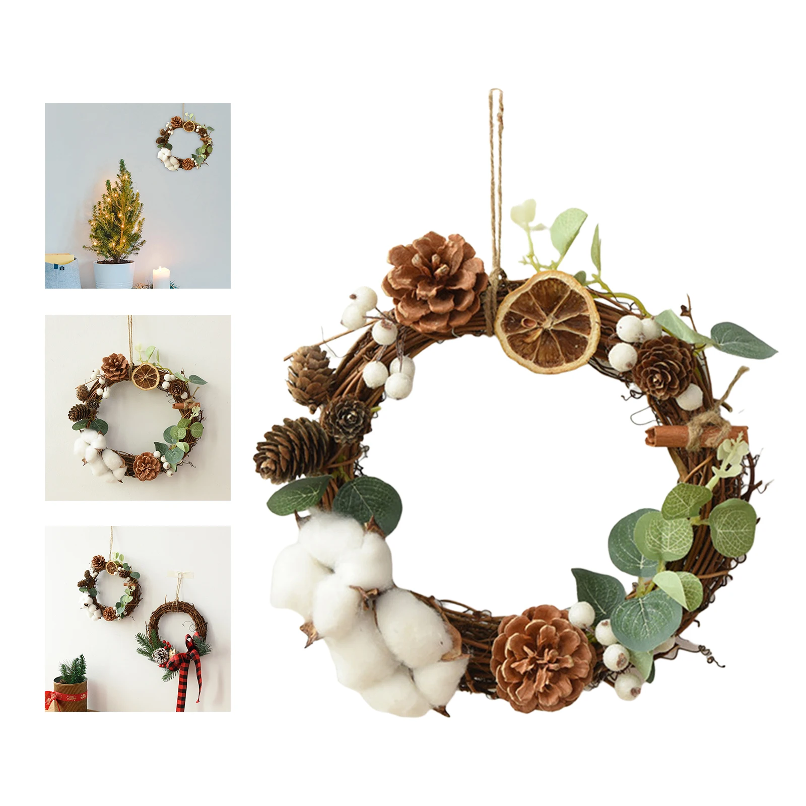 Mini 20cm Christmas Wreath Windows Natural Rattan Pine Cones Garland Decorative for Front Door Fireplace Party Wedding New Year