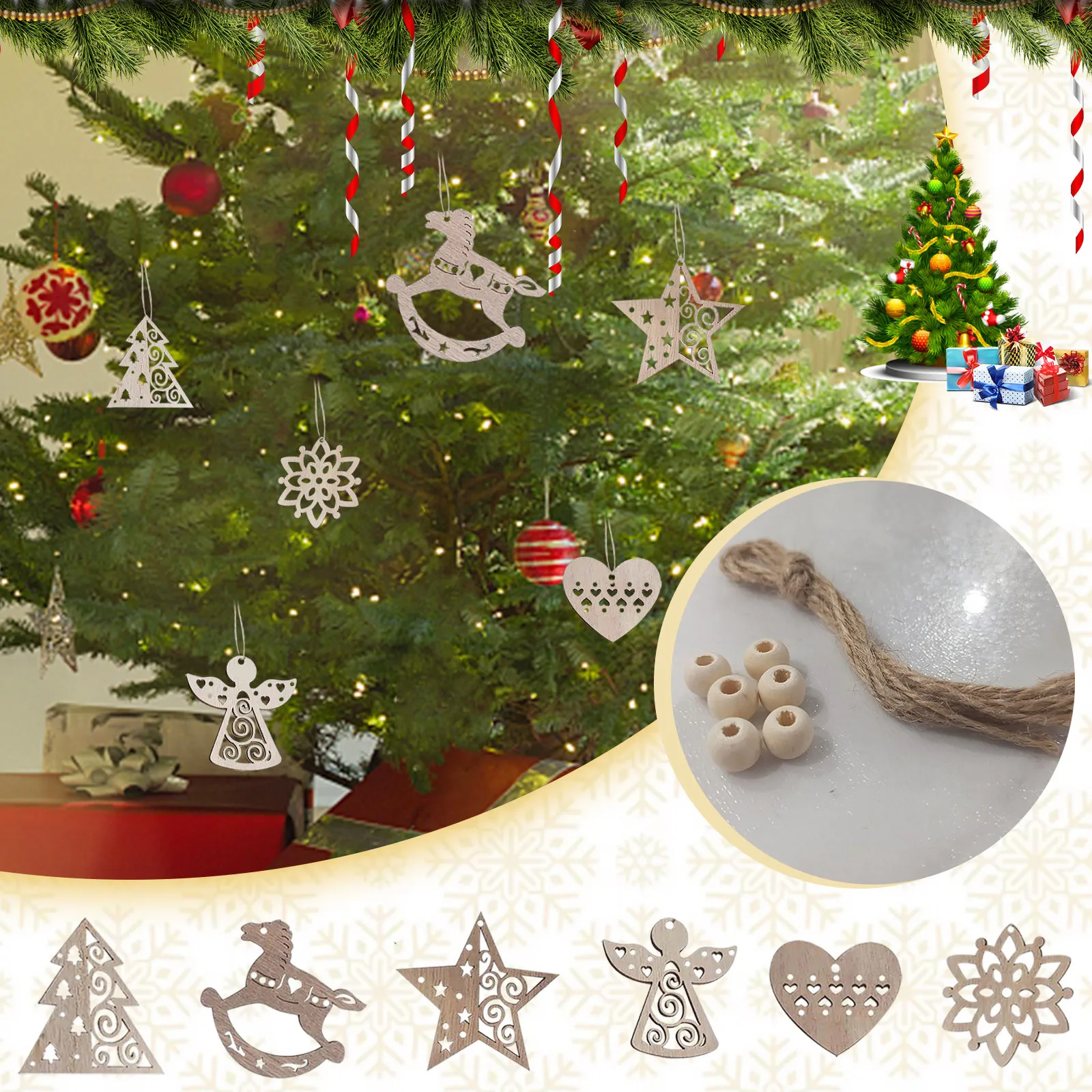 6pcs Wooden Christmas Tree Decor Hanging Tags DIY Xmas Pendant Ornaments Gift 