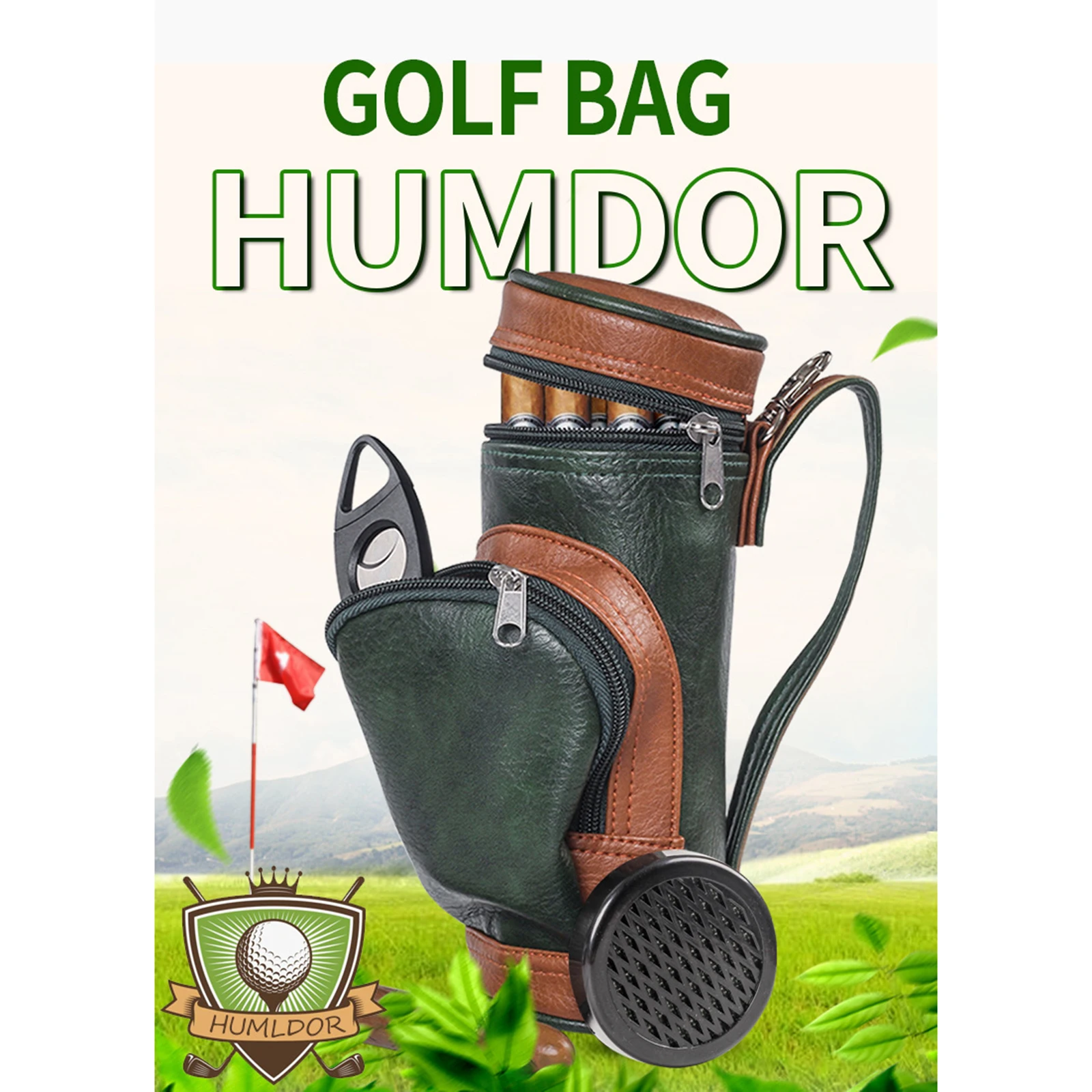 Golf Bag Cigar Case Holder with Cigar Cutter and Humidifier, Portable Travel Humidor Cigar Accessories Waterproof PU Cigar Case