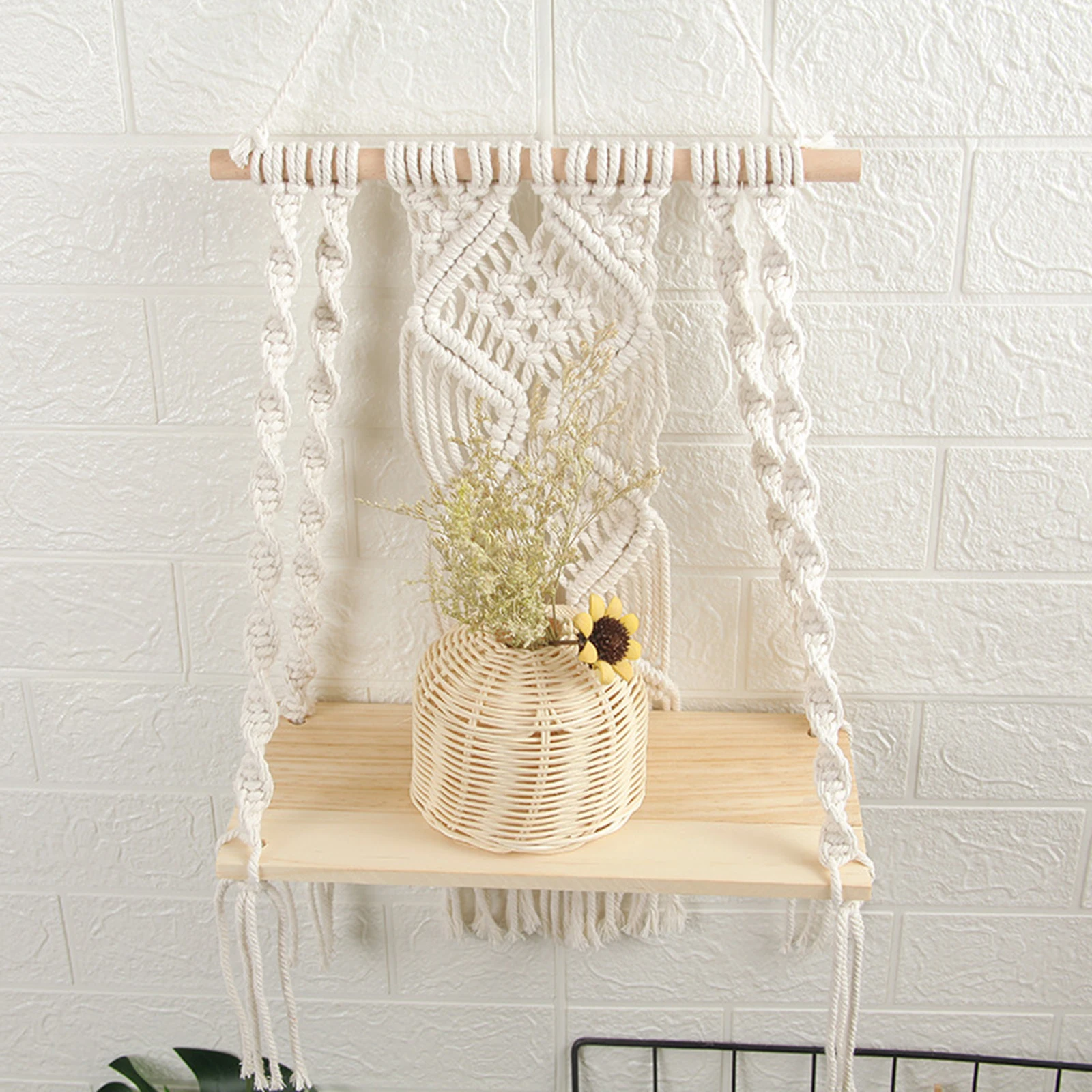 Chic Bohemian Tapestry Wall Shelf Woven Cotton Rope Plant Rack Home Decor