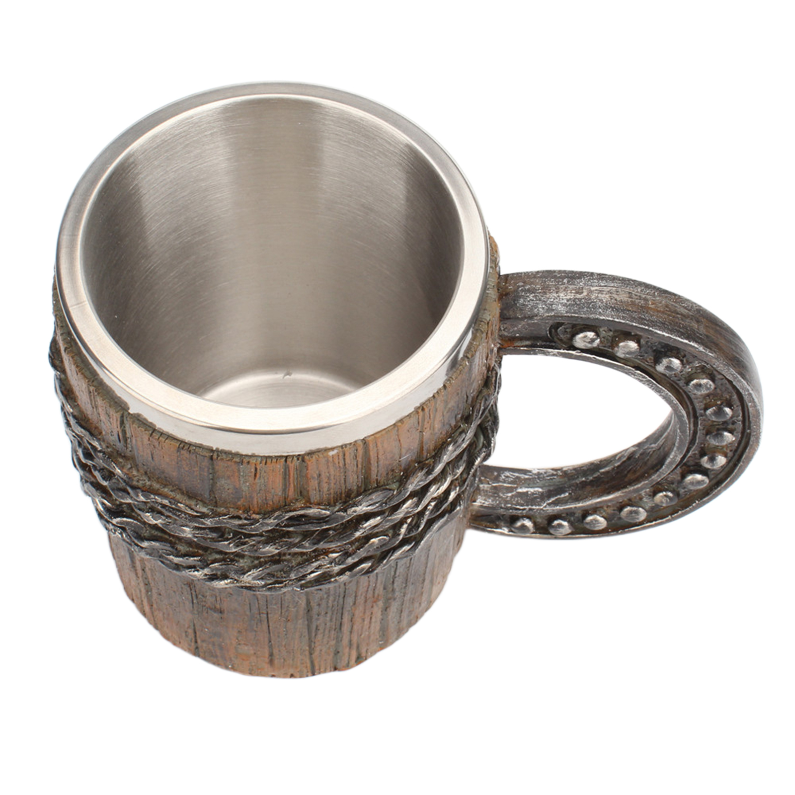 Creative Simulation Wooden Barrel Shape Beer Mug Stainless Steel Drinking Cup with Handle Coffee Drinkware