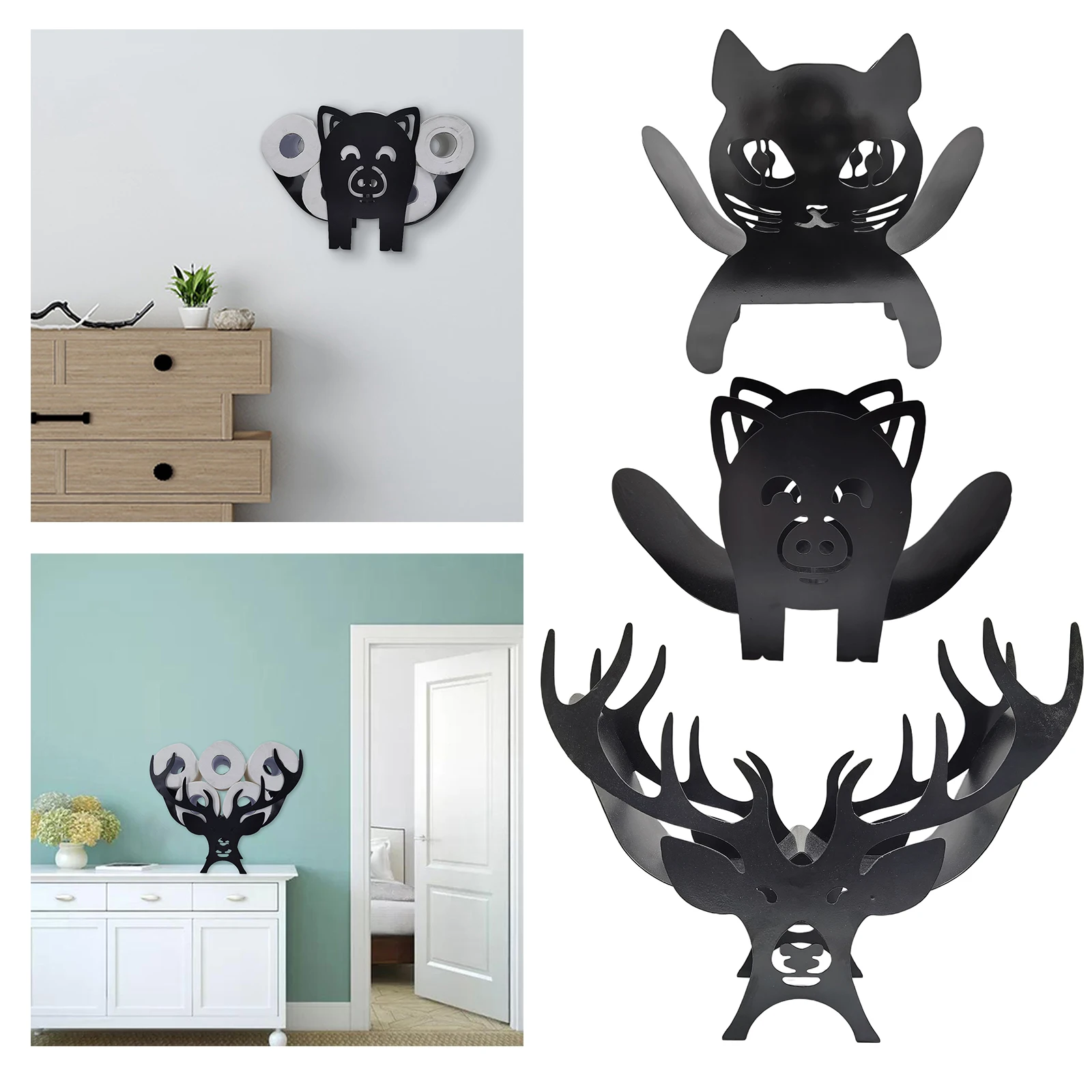 Creative Toilet Roll Holder Cat Tissue Holder Iron Craft Toilet Tissue Holder Rack Free Standing Roll Paper Stand Black 