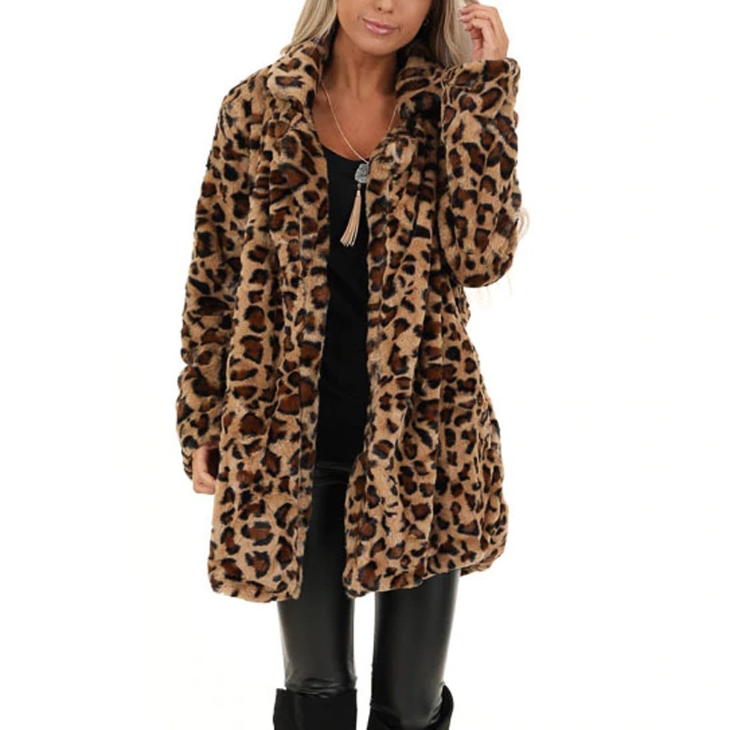 casaco feminino outono jaqueta nova moda leopardo falso pele bolso fuzzy quente inverno oversized outwear casacos longos outwear topos