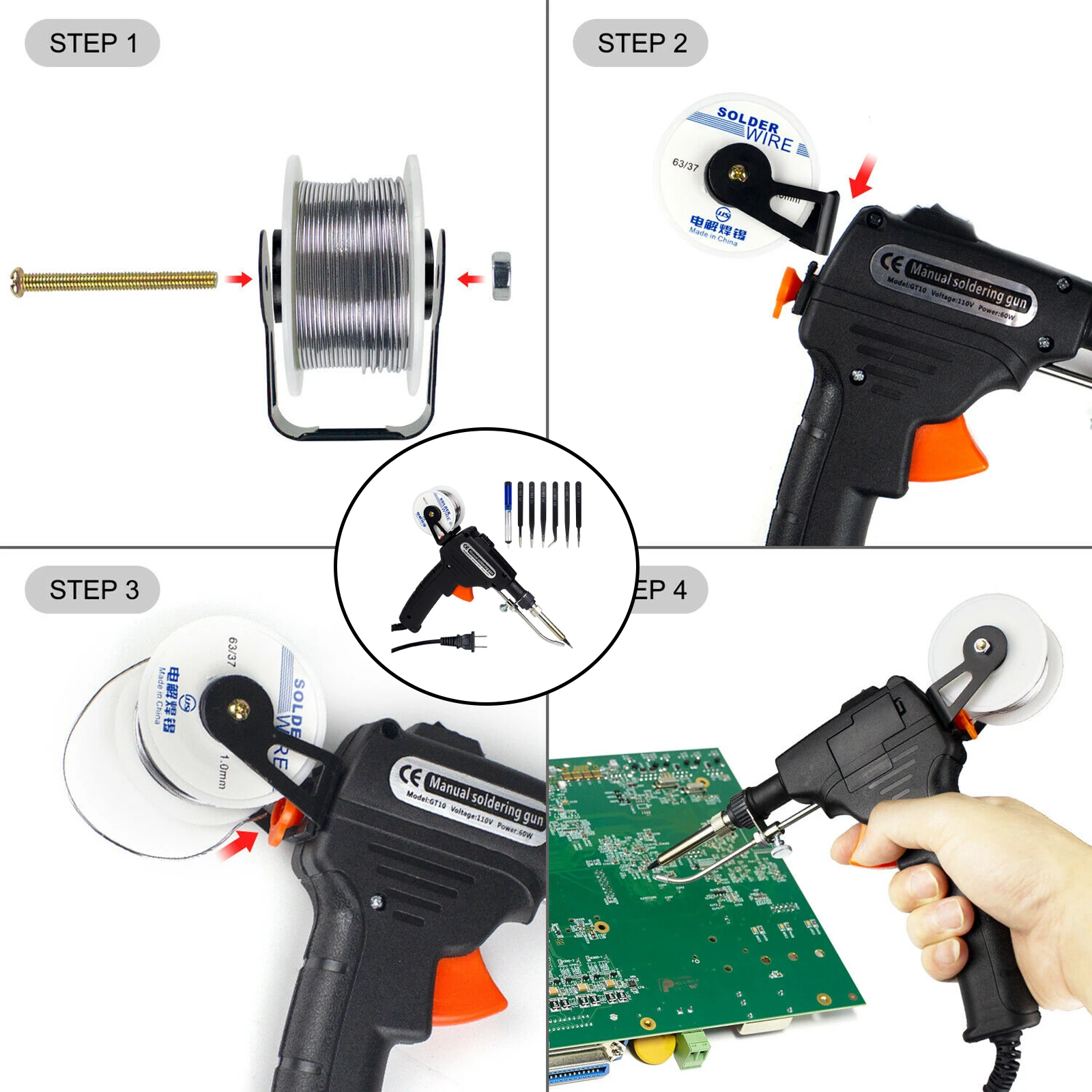 Auto Soldering Gun Kit 110V 60W with Welding Desoldering Pump Tin Wire&6 Tweezes 