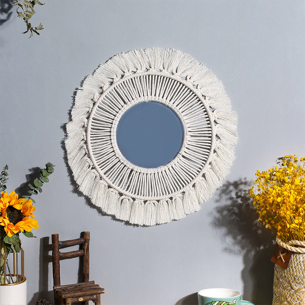 ing Wall Mirror with Macrame Fringe Round Decorative Boho Antique Mirror for Apartment Living Room Bedroom Baby Nursery