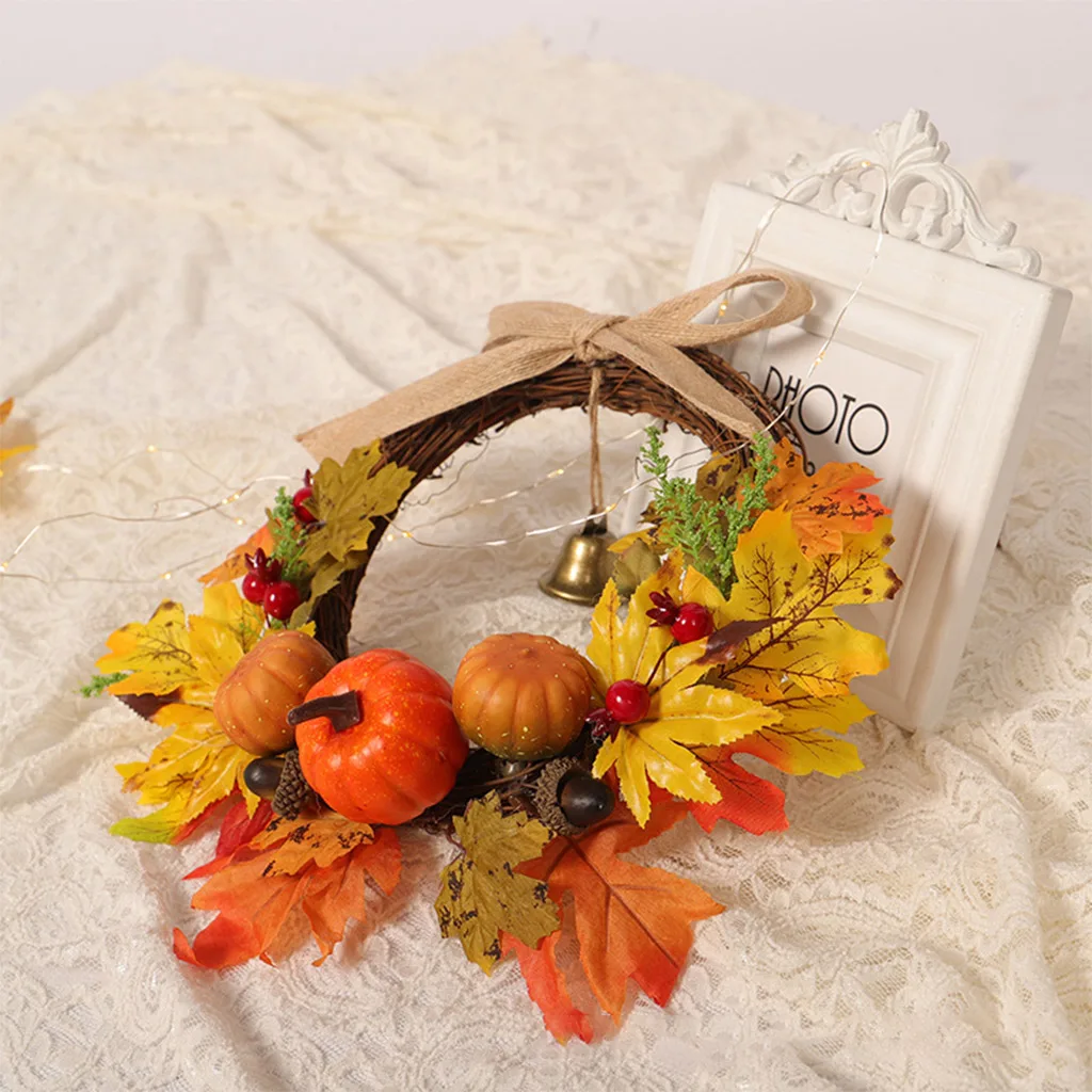 Artificial Maple Leaf Fall Wreath with Bell, Pumpkin Berry Garland with Berries, Door Halloween Thanksgiving Home Office Decor