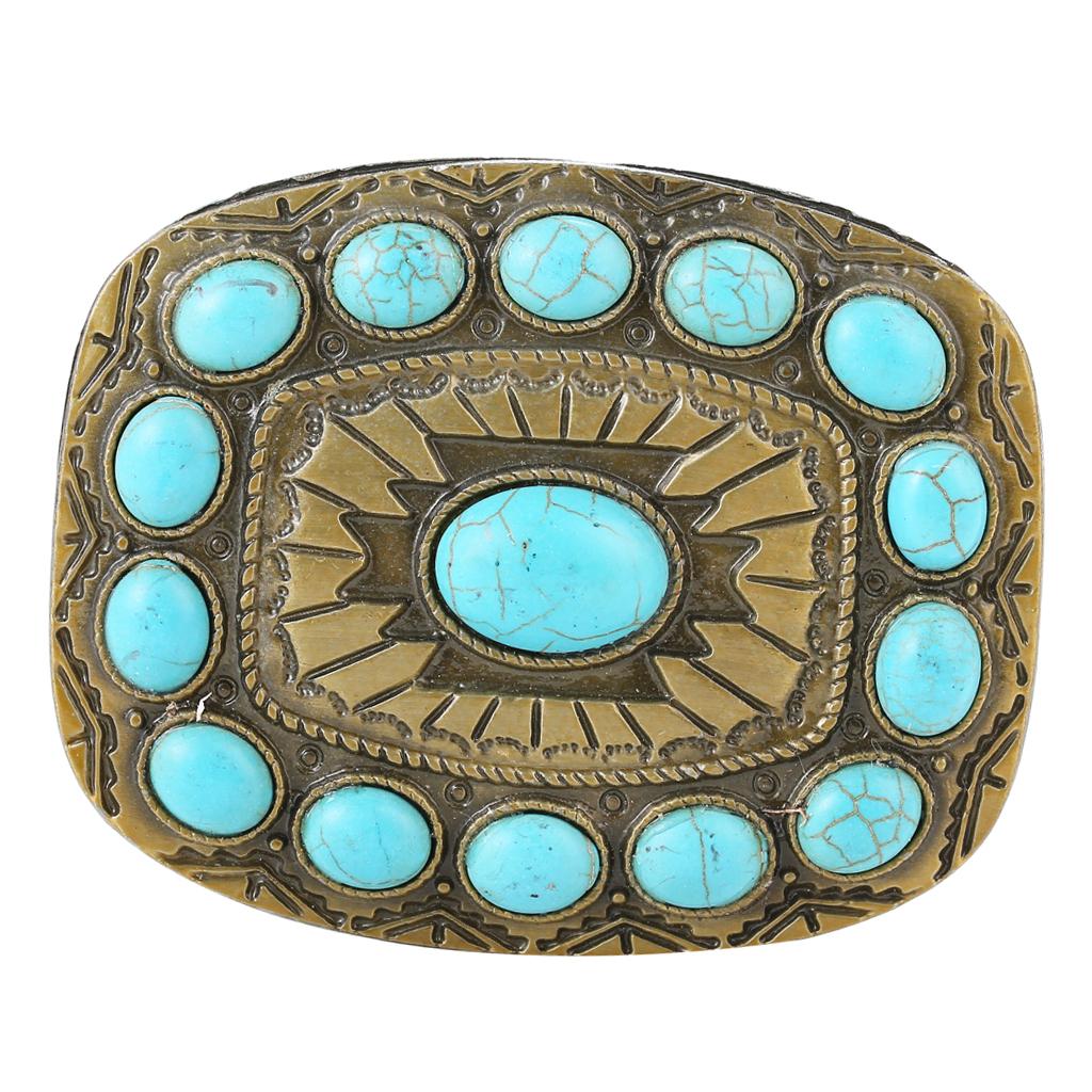 Rodeo Turquoise Bead Belt Buckle Boho Engraved Indian Bronze  Buckles
