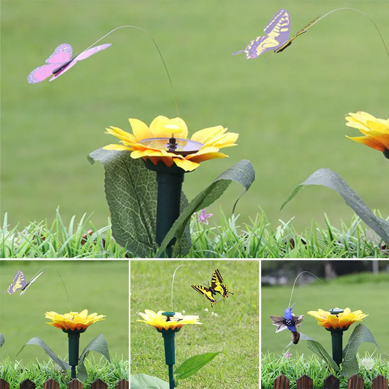 TRRAPLE Solar/Battery Powered Butterfly Bird Flower with Ground Spike 3 Pack Fluttering Butterflies/Sunflower for Patio Garden Yard Stake Plants Flowers Wedding Outdoor Decor