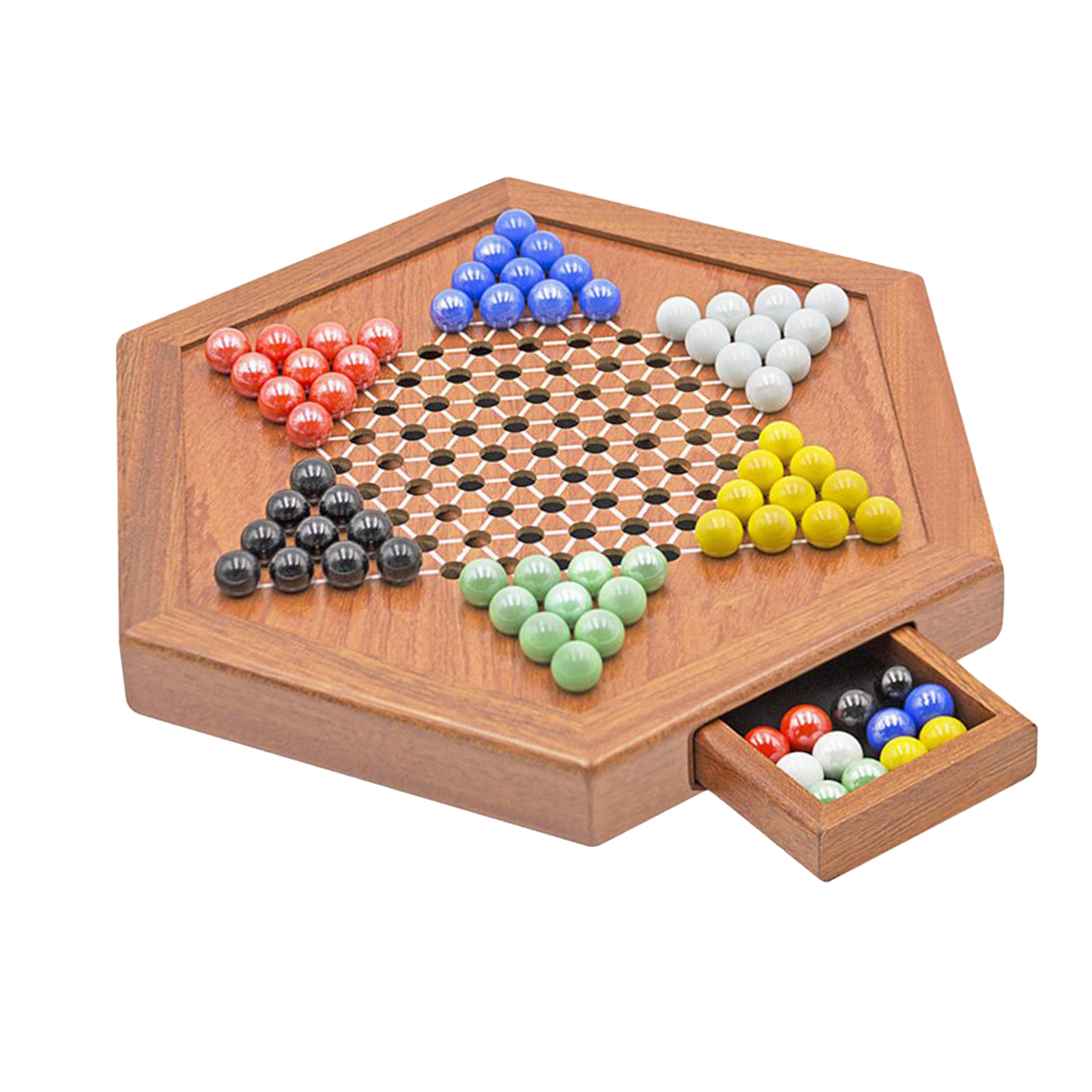 Wooden Chinese Checkers 12 Inches Board Game 6 Color Glass Marbles Family Fun Game Toy Set