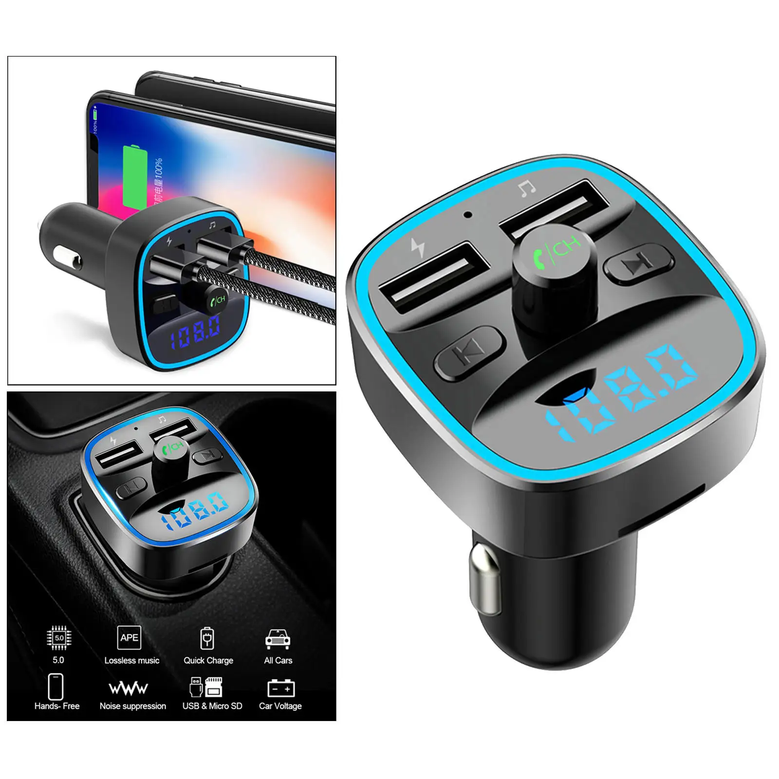 Car Handsfree Wireless Bluetooth Kit Car Mp3 Player Bluetooth 5.0 Receiver FM Transmitter Dual USB Car Charger