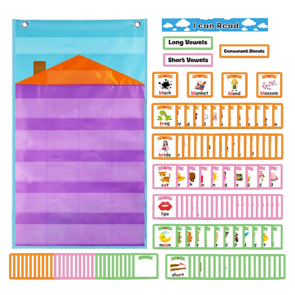 Creative Pocket Chart Consonant Blends Learn Grammar Teaching Aid Purple Hanging Bag for Kindergarten Classroom Teacher School