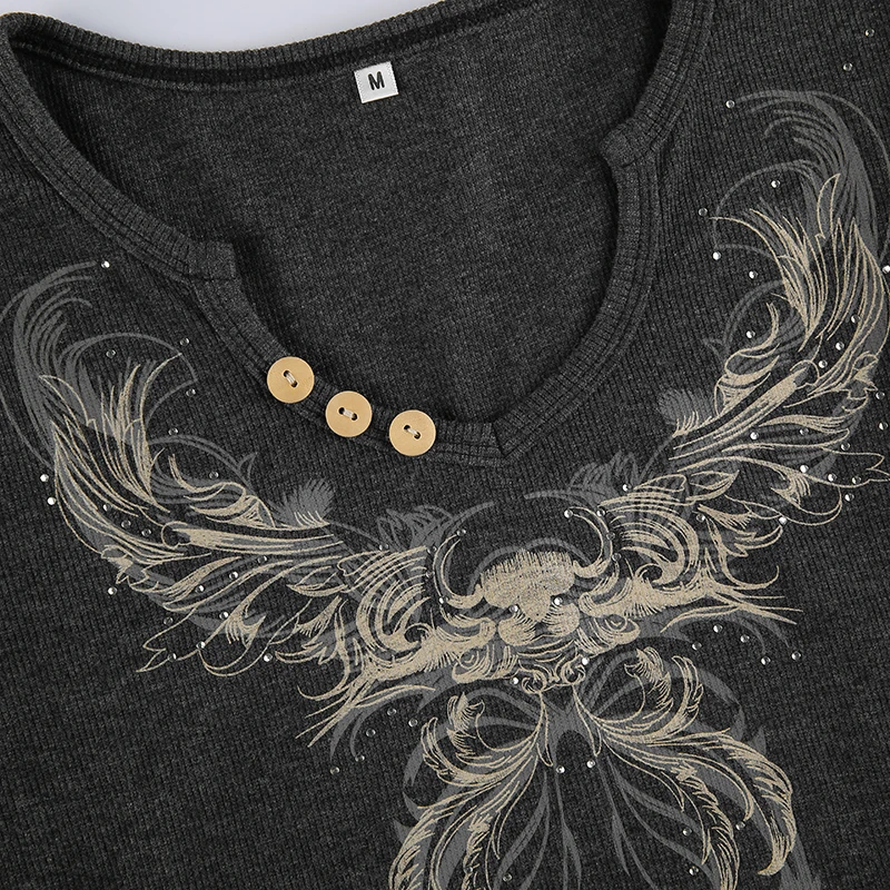 Vintage Angel Wings Print Black T Shirt Spring Autumn Grunge Fairycore Long Sleeve Pullovers Tees Women Crop Top Harajuku Y2k vintage graphic tees